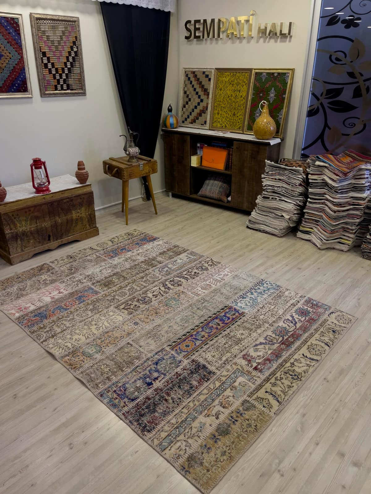 Hand-Woven Distressed Special Patchwork Rug — detail view 5, handmade vintage rug