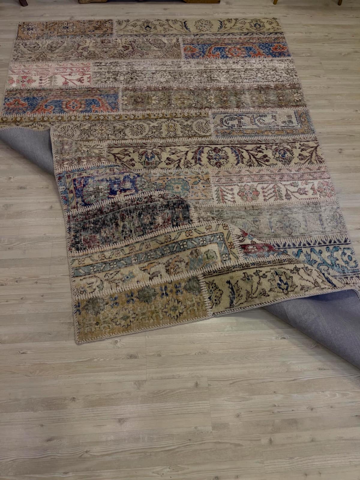 Hand-Woven Distressed Special Patchwork Rug — detail view 2, handmade vintage rug