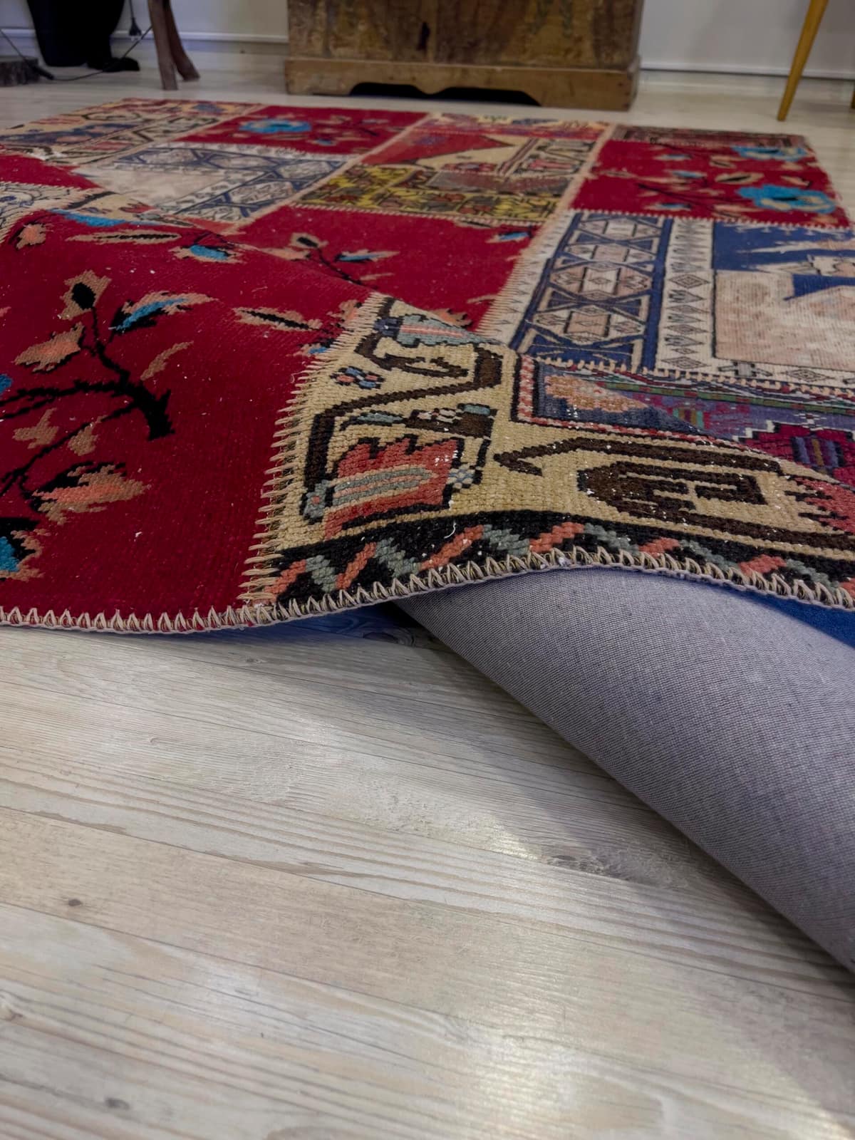 Hand-Woven Distressed Special Patchwork Rug — detail view 2, handmade vintage rug
