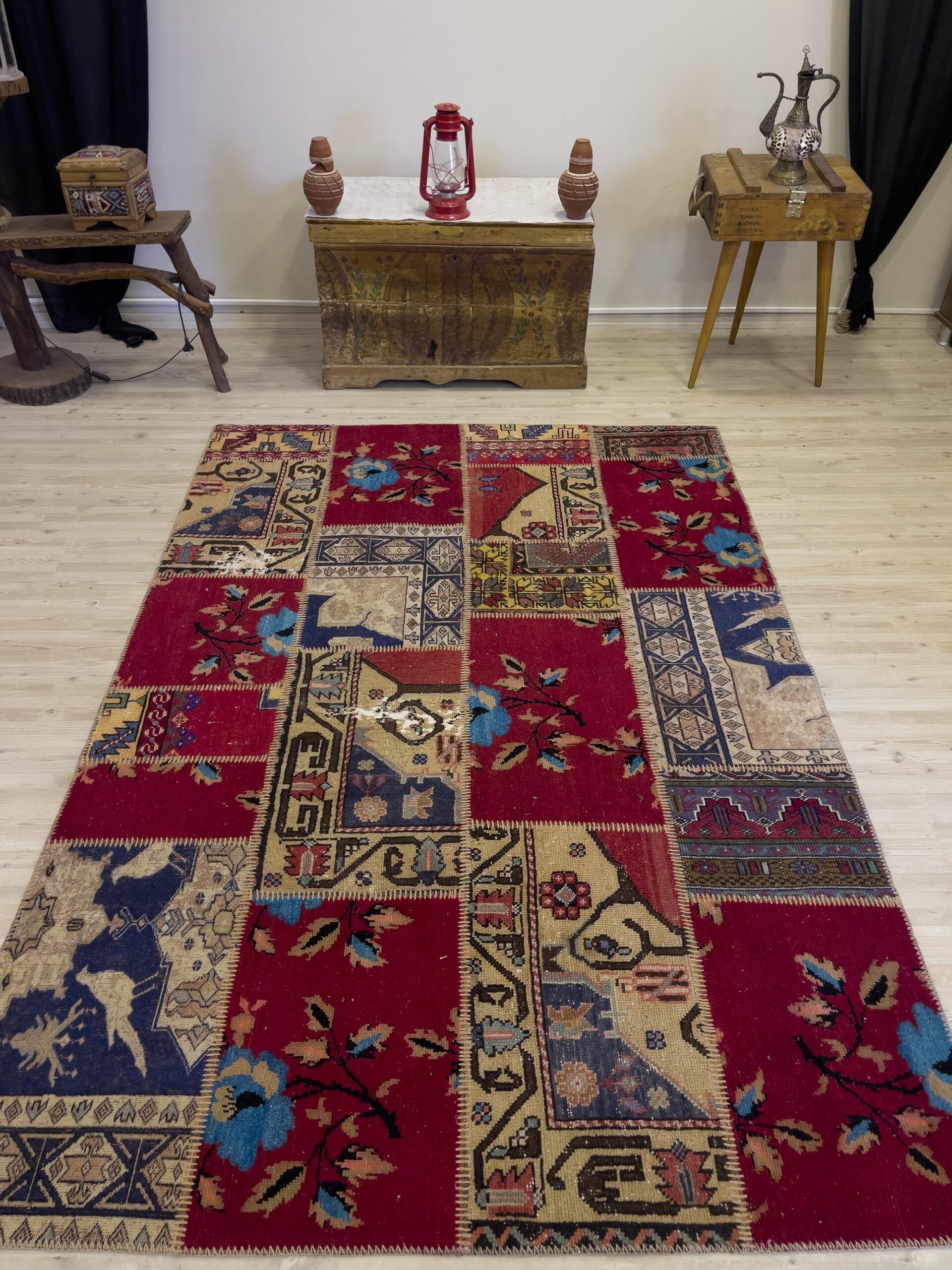 Hand-Woven Distressed Special Patchwork Rug, vintage rug, Handmade, hand-knotted wool, size 162 × 237 cm, from Gaziantep