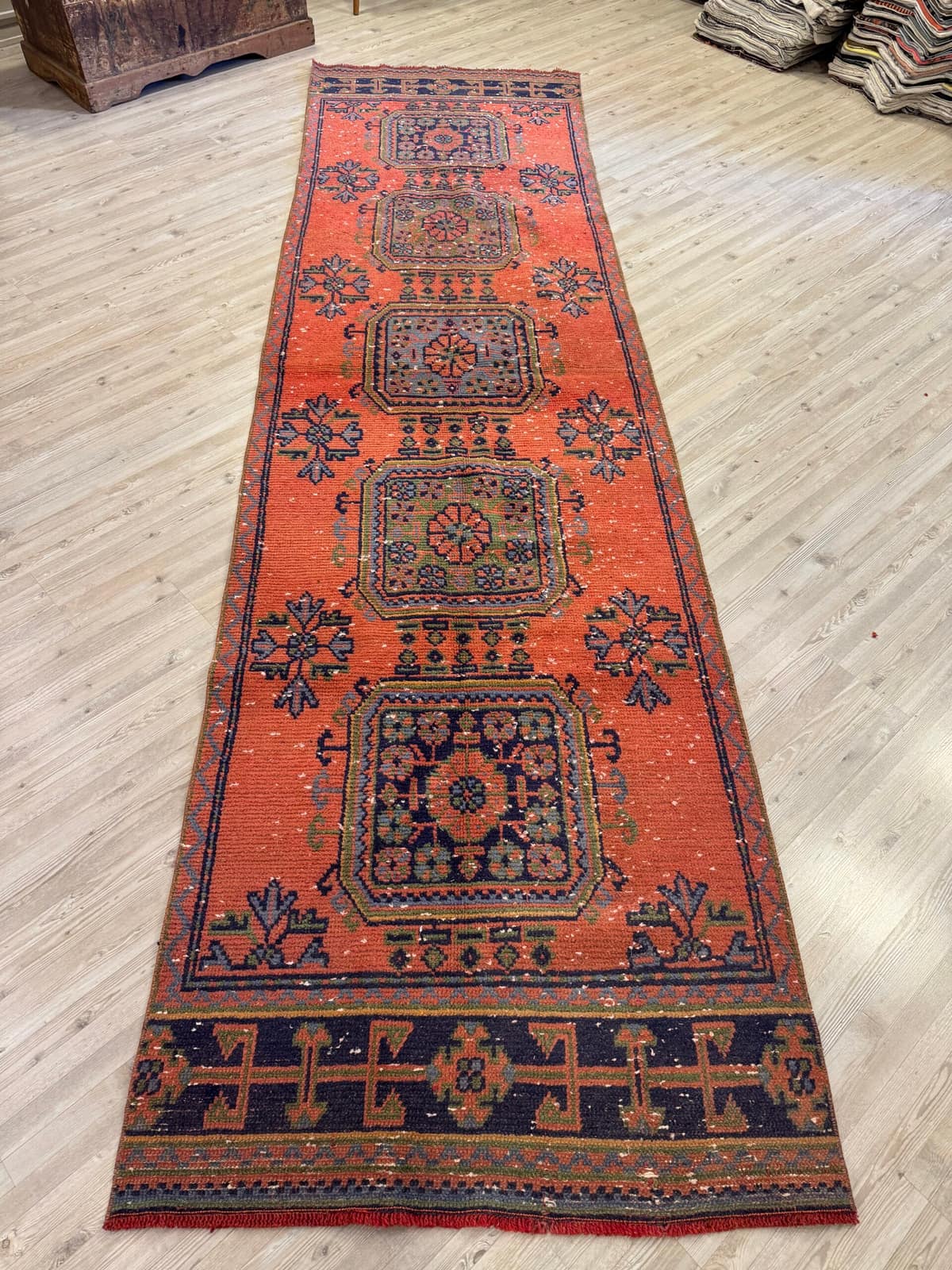 Distressed Handwoven Vintage Runner Rug, vintage rug, Handmade, hand-knotted wool, size 91 × 348 cm, from Demirci