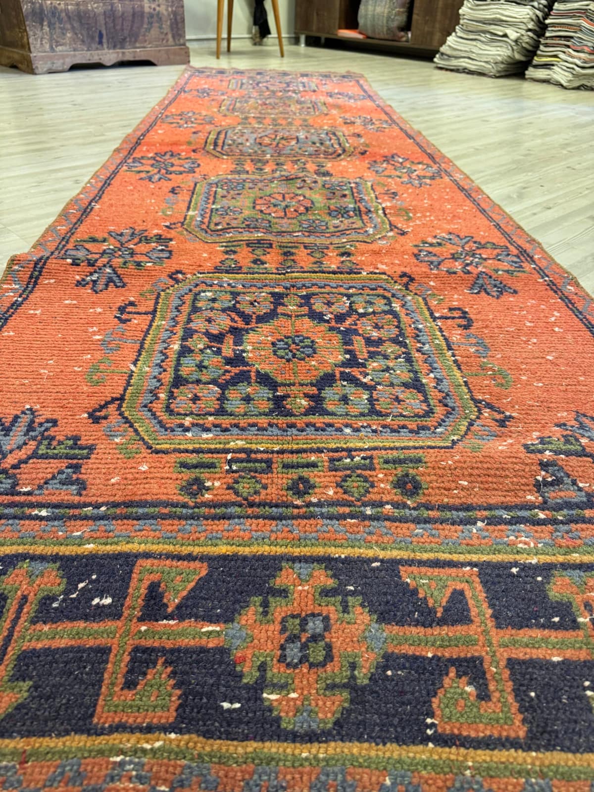 Distressed Handwoven Vintage Runner Rug — detail view 2, handmade vintage rug