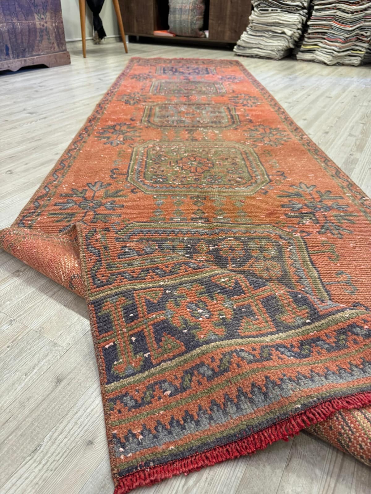 Distressed Handwoven Vintage Runner Rug — detail view 3, handmade vintage rug