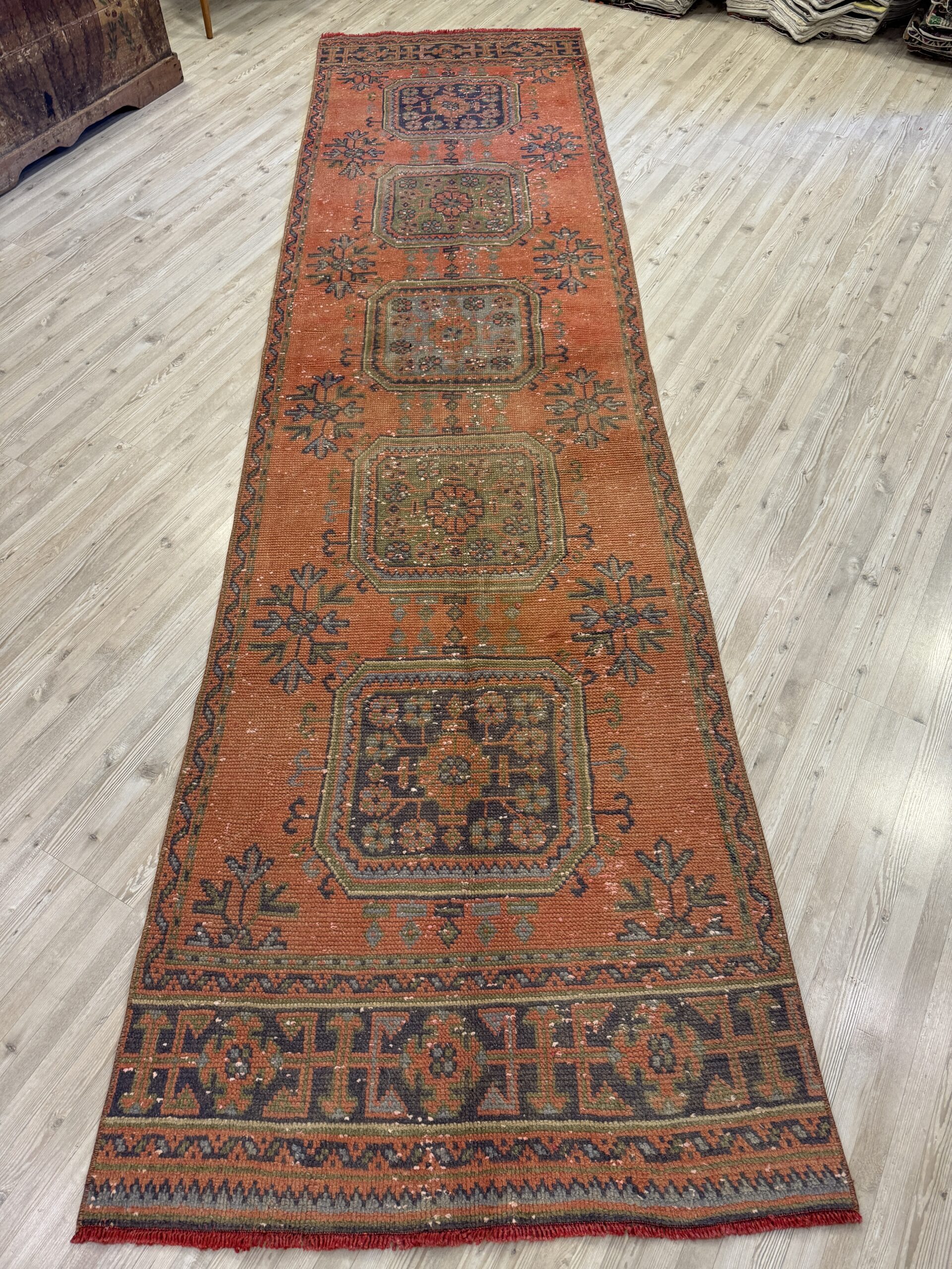Distressed Handwoven Vintage Runner Rug, vintage rug, Handmade, hand-knotted wool & cotton, size 90 × 345 cm, from Bergama