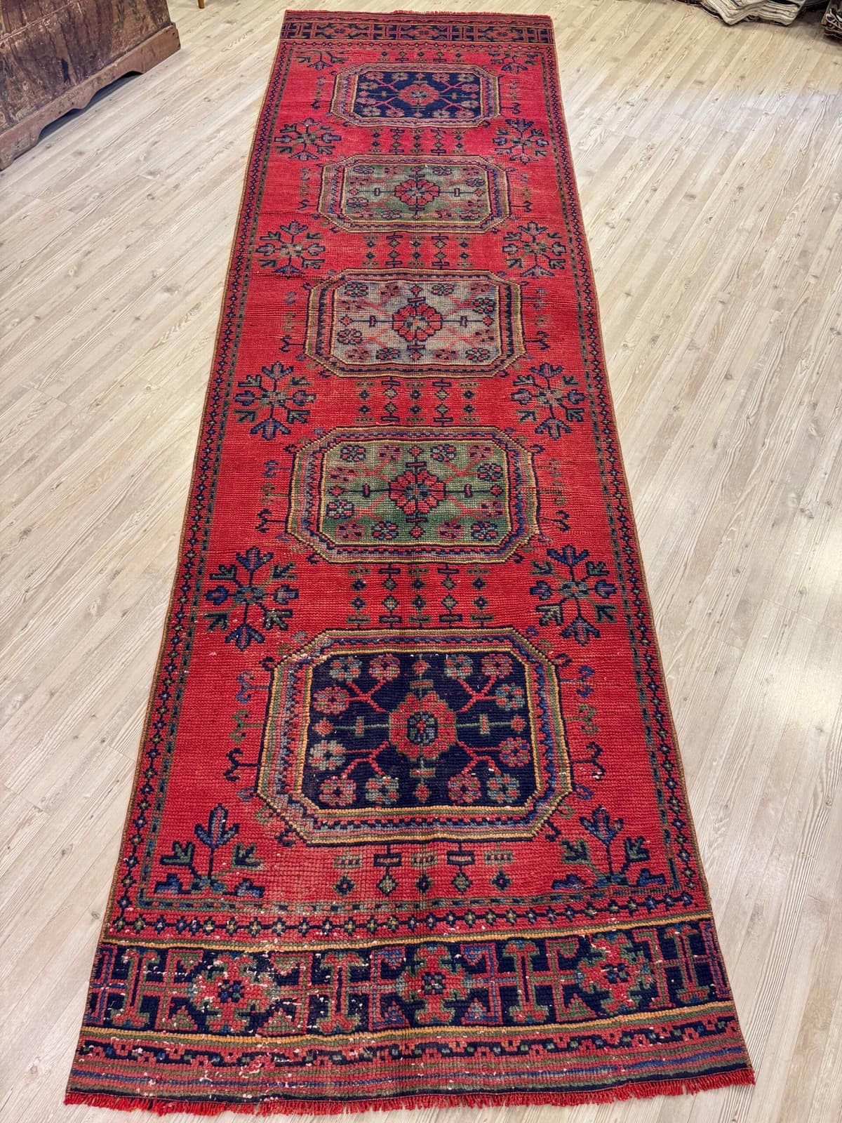 Distressed Handwoven Vintage Runner Rug, vintage rug, Handmade, hand-knotted cotton, size 101 × 345 cm, from Demirci