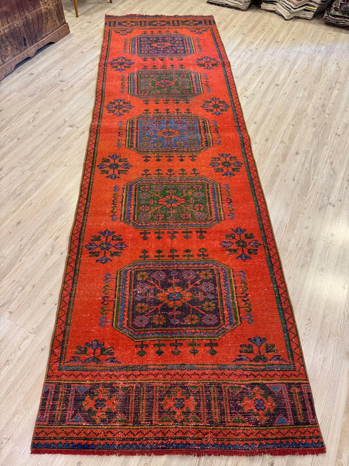 Distressed Handwoven Vintage Runner Rug, vintage rug, Handmade, hand-knotted wool & silk, size 104 × 350 cm, from Gördes