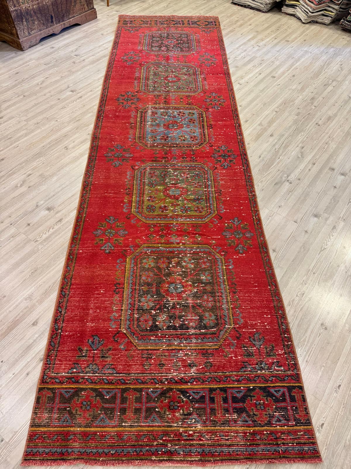 Distressed Hand-Woven Vintage Runner Rug, vintage rug, Handmade, hand-knotted wool & silk, size 99 × 370 cm, from Kars
