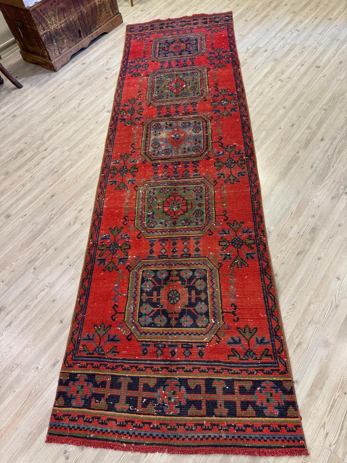 Distressed Hand-Woven Vintage Runner Rug, vintage rug, Handmade, hand-knotted wool & cotton, size 97 × 336 cm, from Demirci