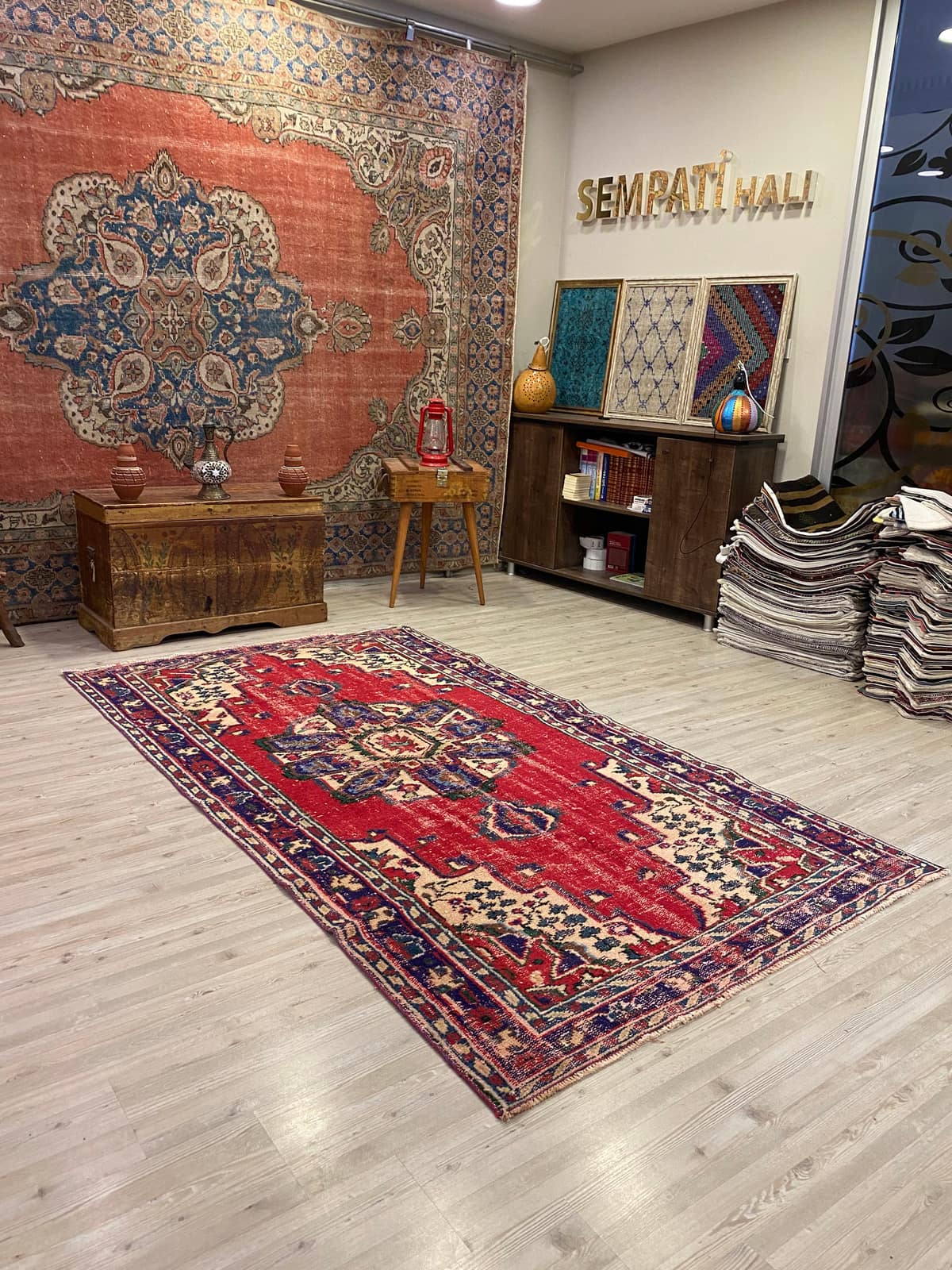 Handwoven Custom-Designed Rug, vintage rug, Handmade, hand-knotted cotton, size 135 × 248 cm, from Ladik