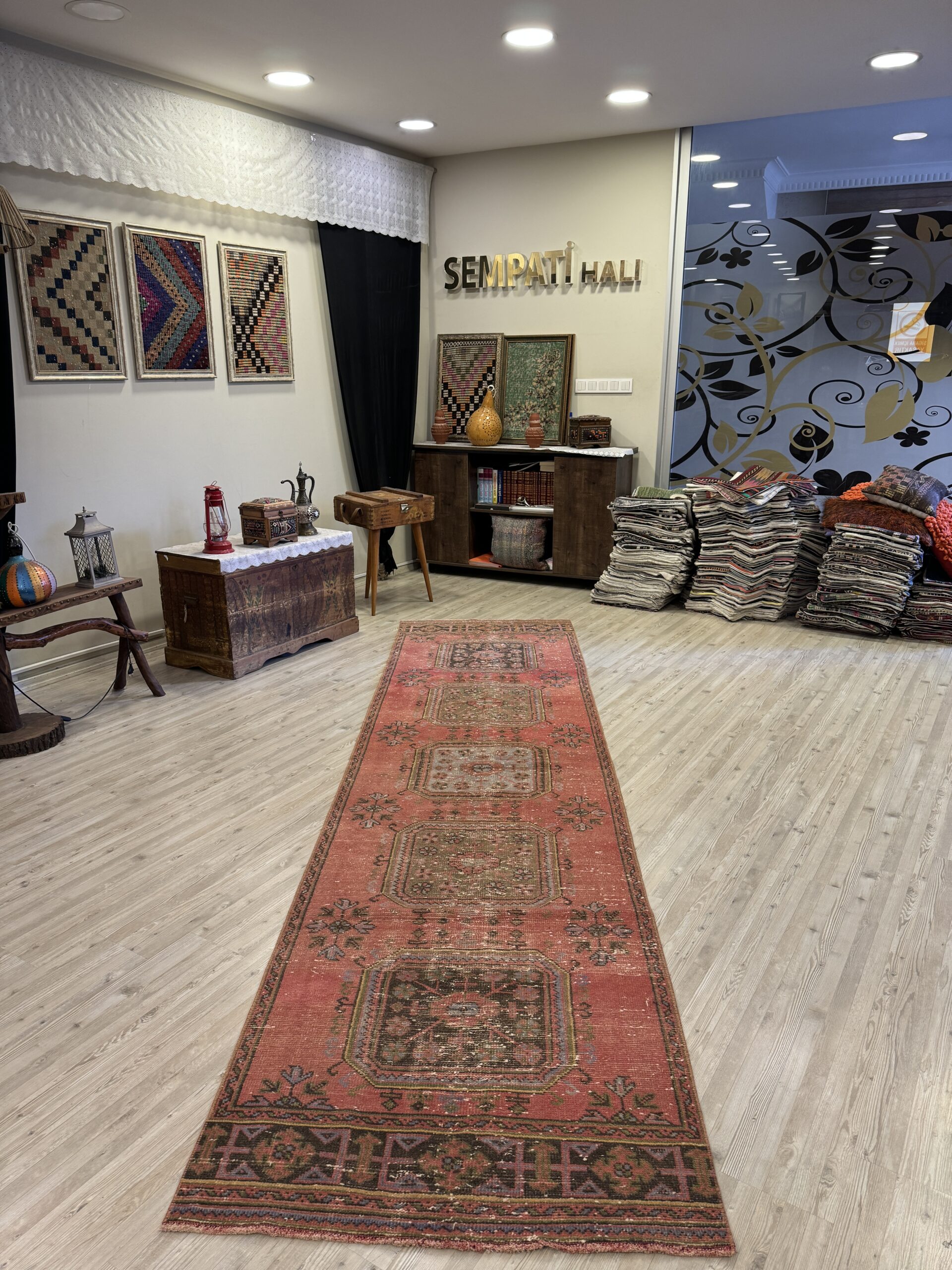 Handmade Anatolian Rug, vintage rug, Handmade, hand-knotted wool, cotton & silk, size 95 × 370 cm, from Gördes