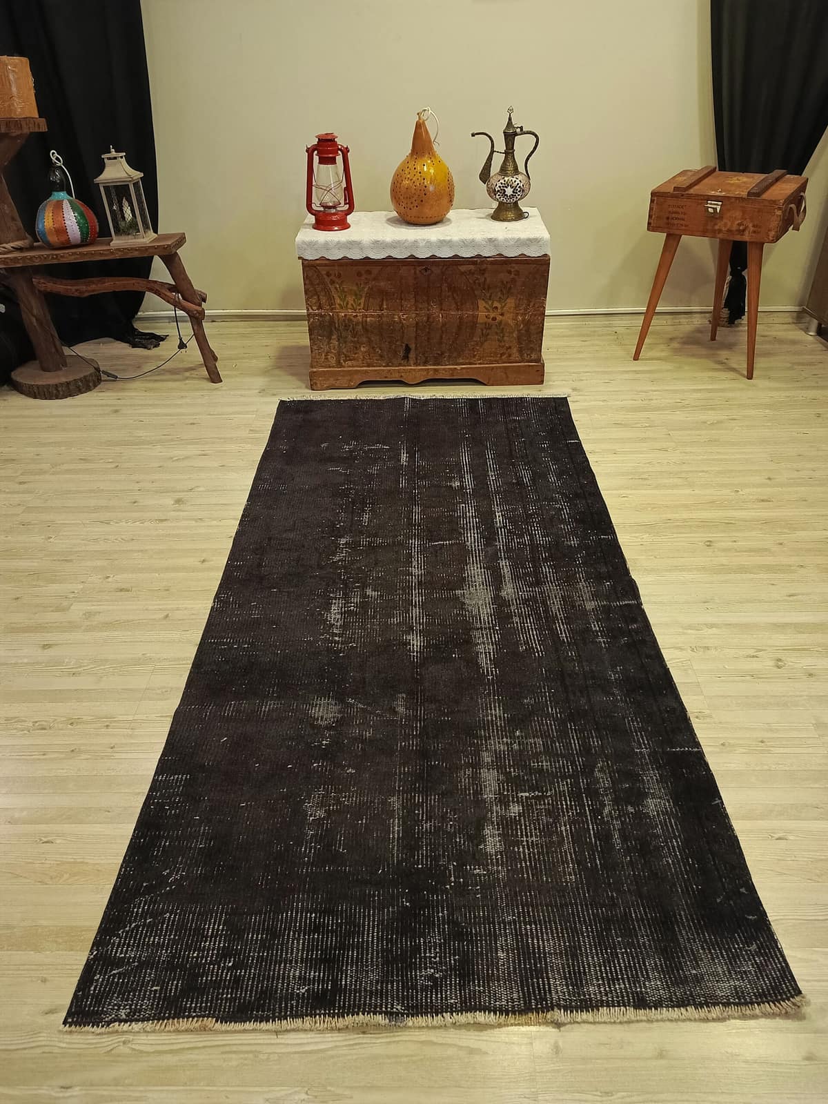 Vintage Wool-Woven Rug, vintage rug, Handmade, hand-knotted wool & silk, size 106 × 220 cm, from Kars