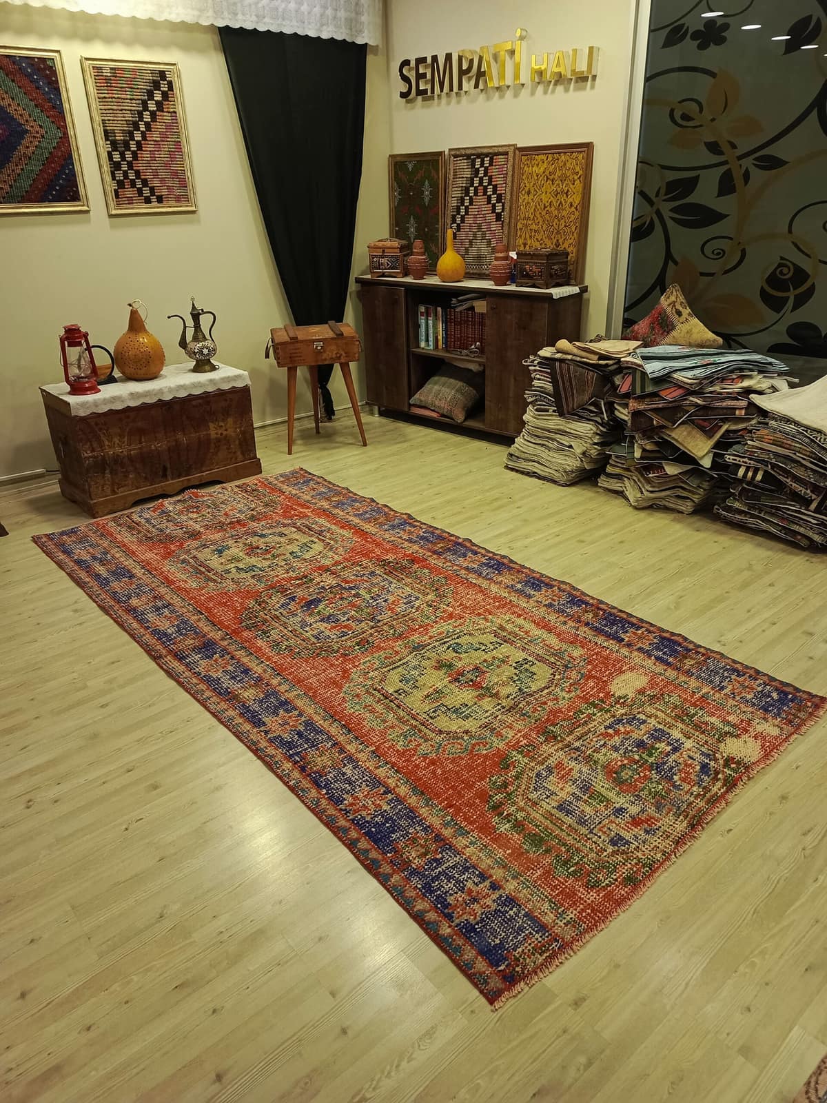 Handmade Distressed Wool Rug, vintage rug, Handmade, hand-knotted wool & silk, size 135 × 287 cm, from Gördes