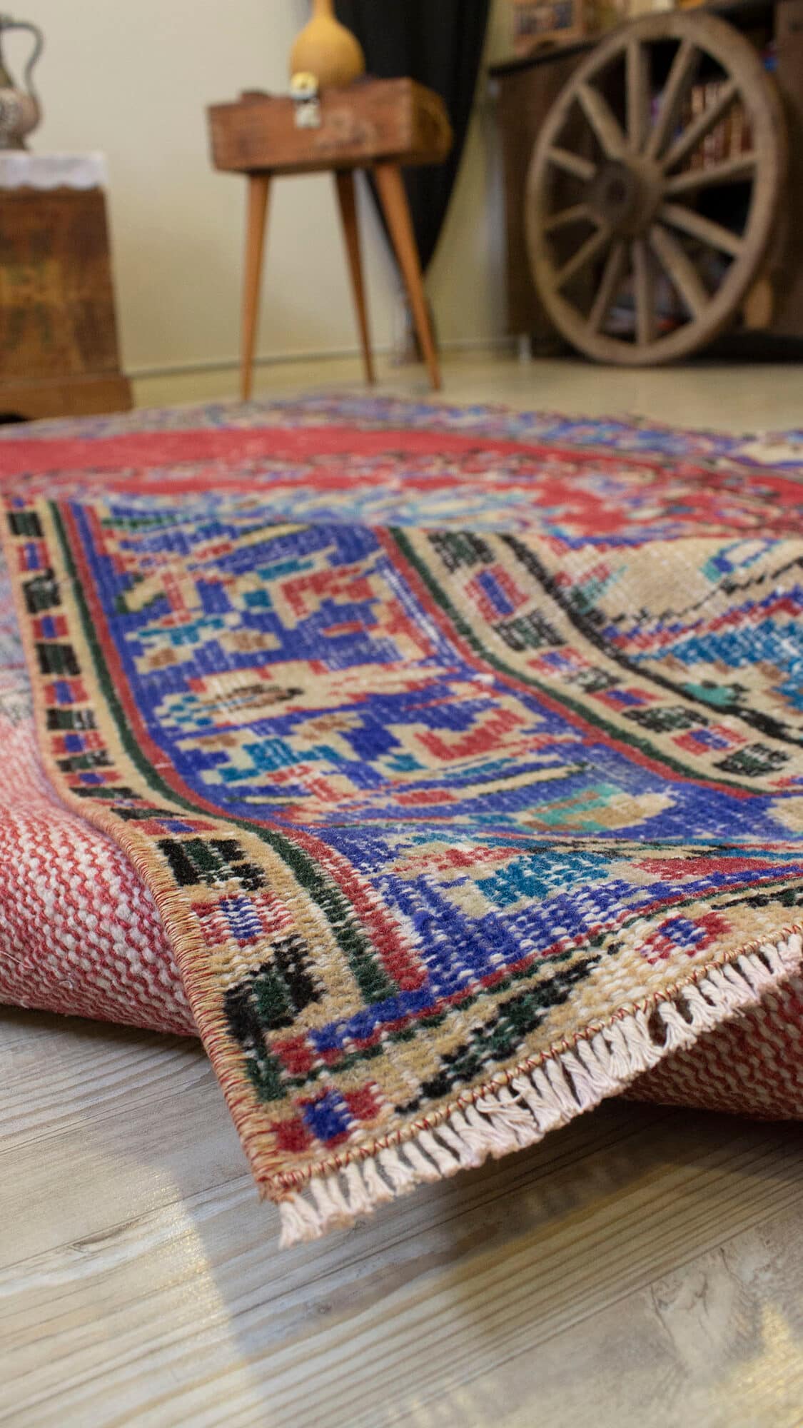 Anatolian-Patterned Distressed Rug — detail view 2, handmade vintage rug