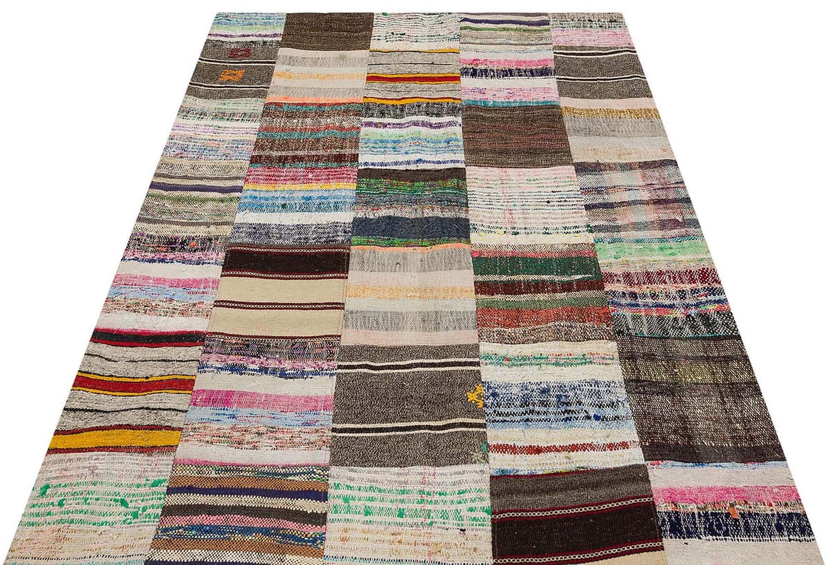 Vintage-Style Hand-Woven Patchwork Rug, vintage rug, Handmade, hand-knotted wool & cotton, size 200 × 140 cm, from Bursa