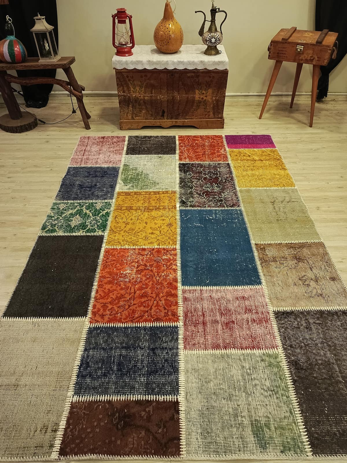 Handcrafted Distressed Patchwork Rug — detail view 5, handmade vintage rug