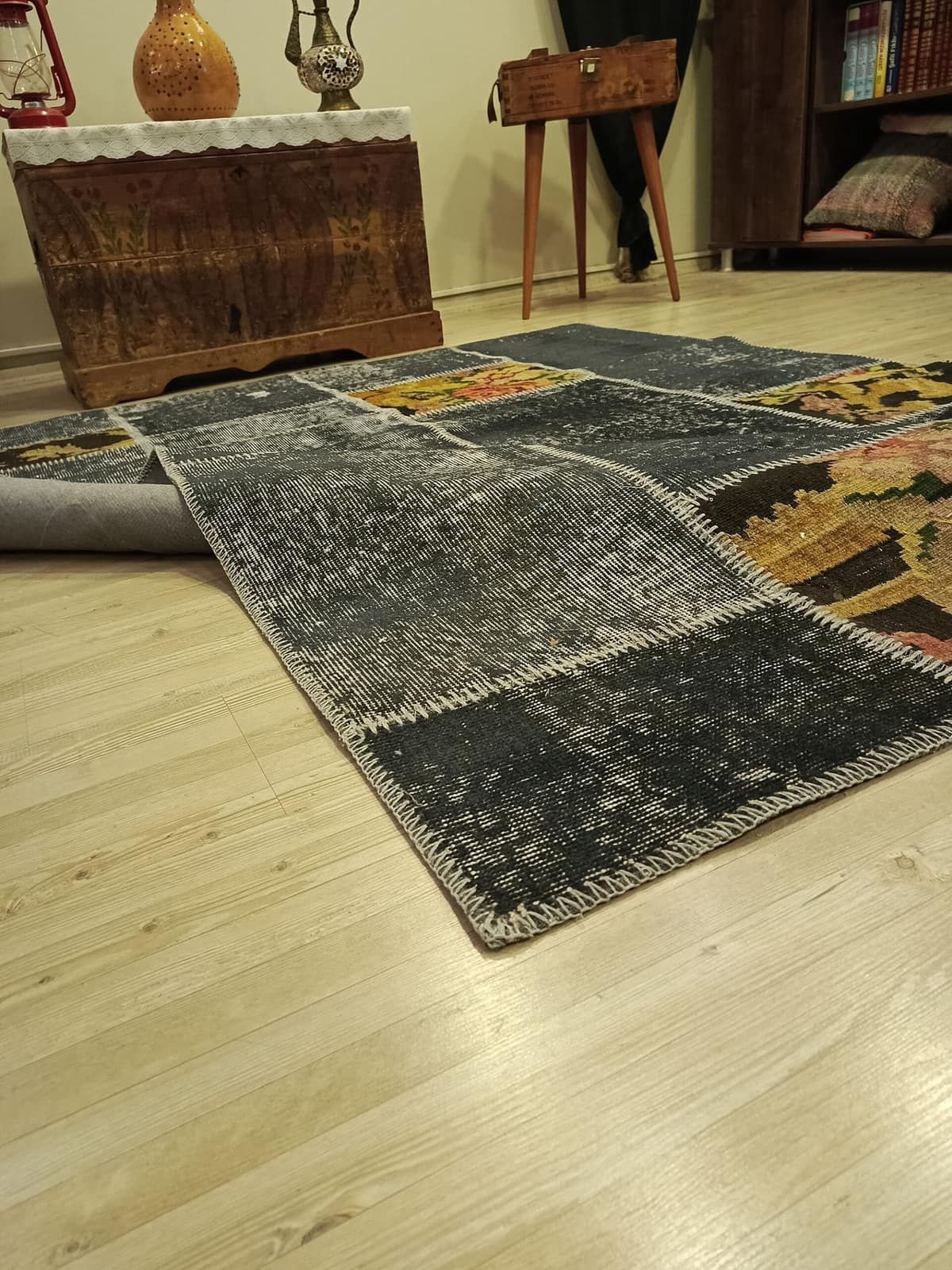Modern Distressed Patchwork Rug — detail view 4, handmade vintage rug