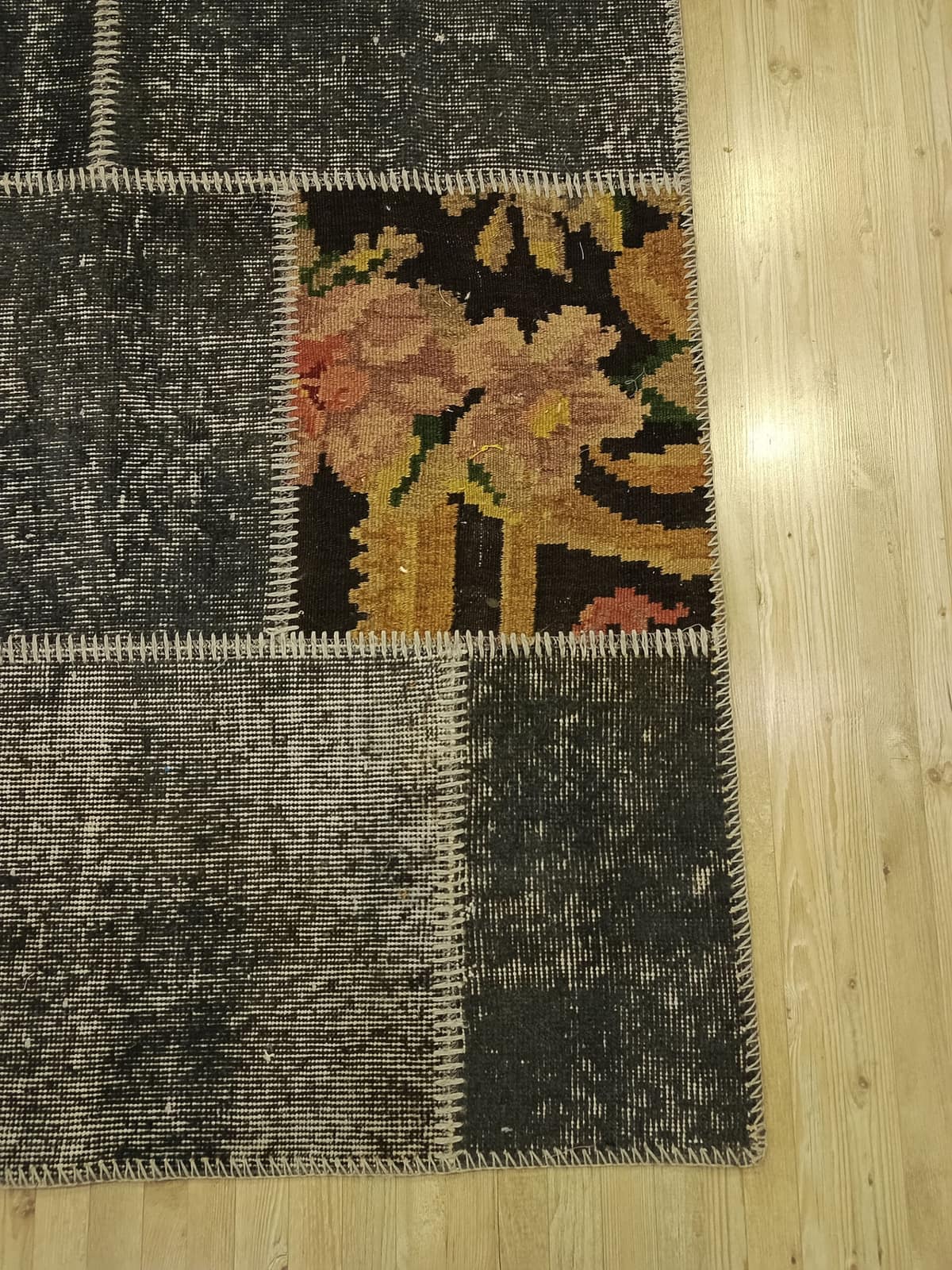 Modern Distressed Patchwork Rug — detail view 5, handmade vintage rug