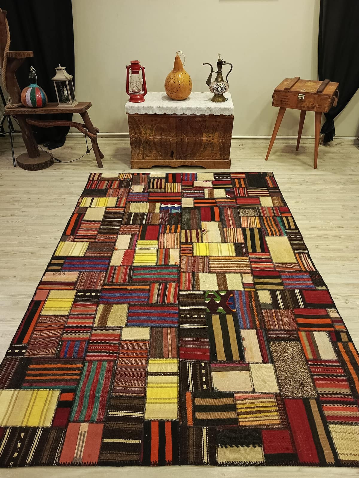 Anatolian Patchwork Rug, Handwoven — detail view 3, handmade vintage rug