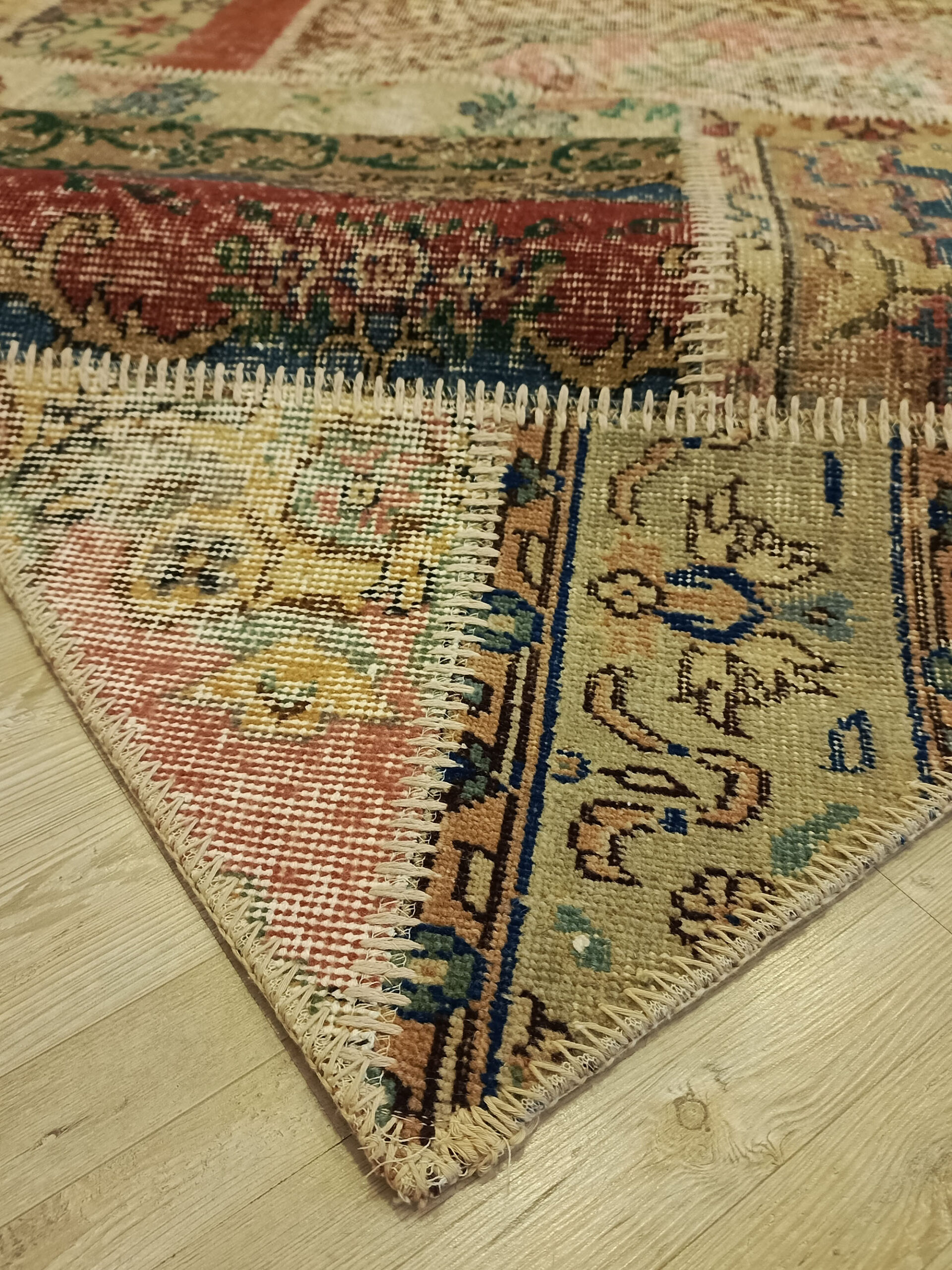 Vintage Hand-Woven Wool Patchwork Rug — detail view 3, handmade vintage rug