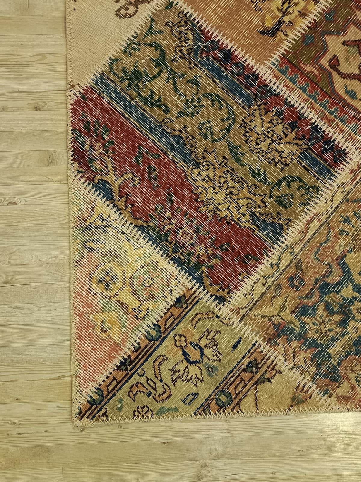 Vintage Hand-Woven Wool Patchwork Rug — detail view 4, handmade vintage rug