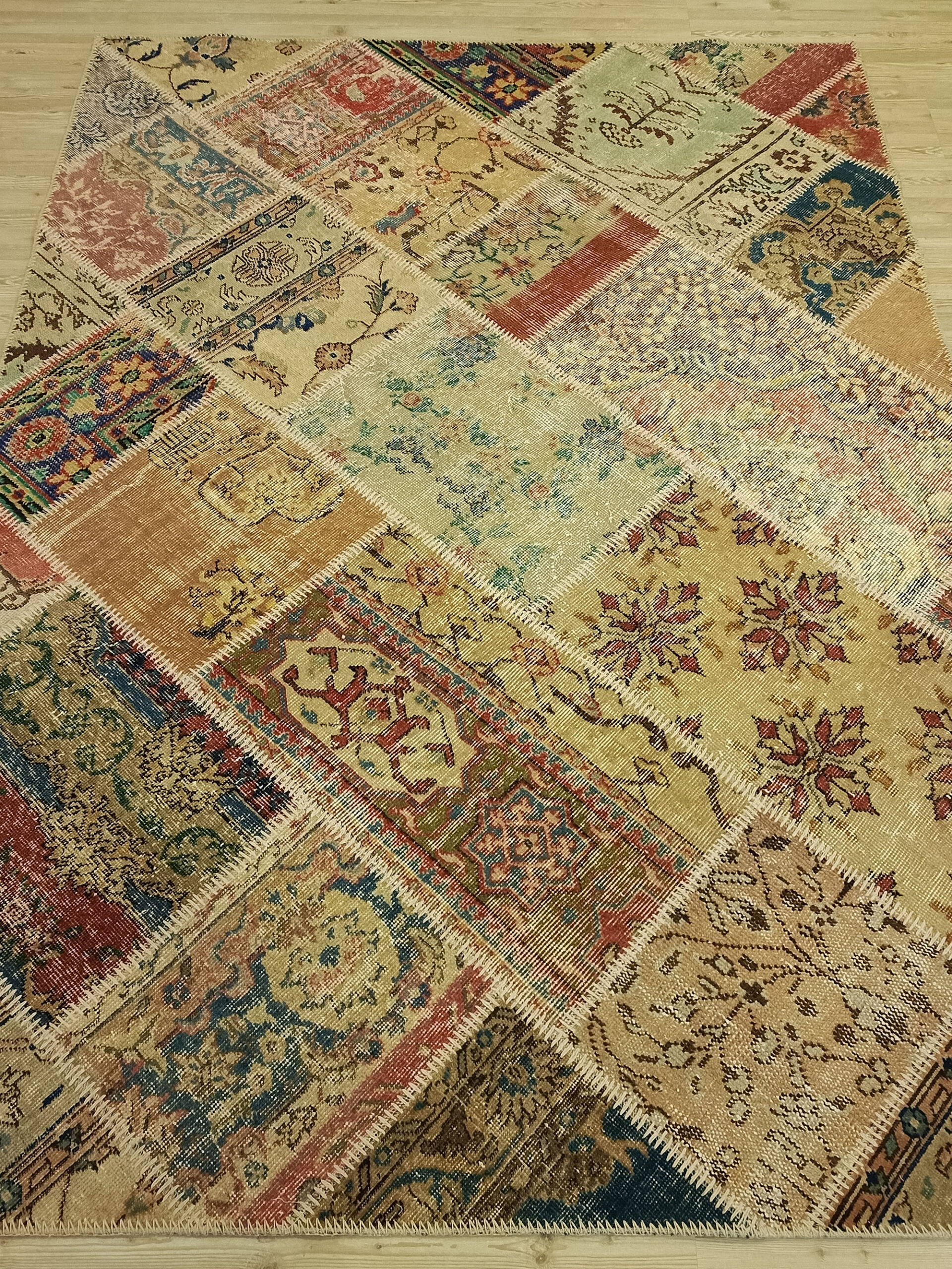 Vintage Hand-Woven Wool Patchwork Rug — detail view 5, handmade vintage rug