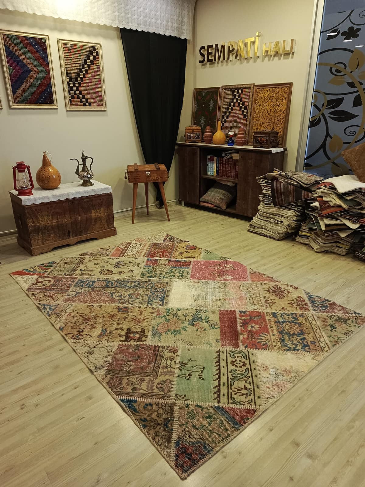 Century-Old Antique-Style Patchwork Rug — detail view 2, handmade vintage rug
