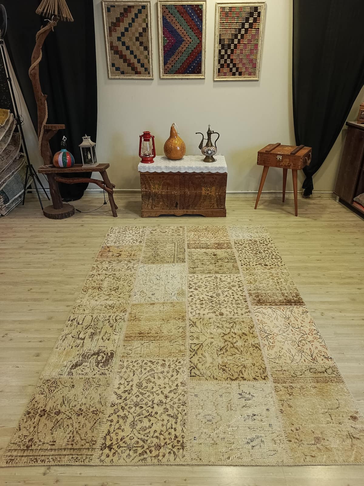 Handwoven Custom-Designed Patchwork Rug, vintage rug, Handmade, hand-knotted wool & cotton, size 160 × 230 cm, from Van