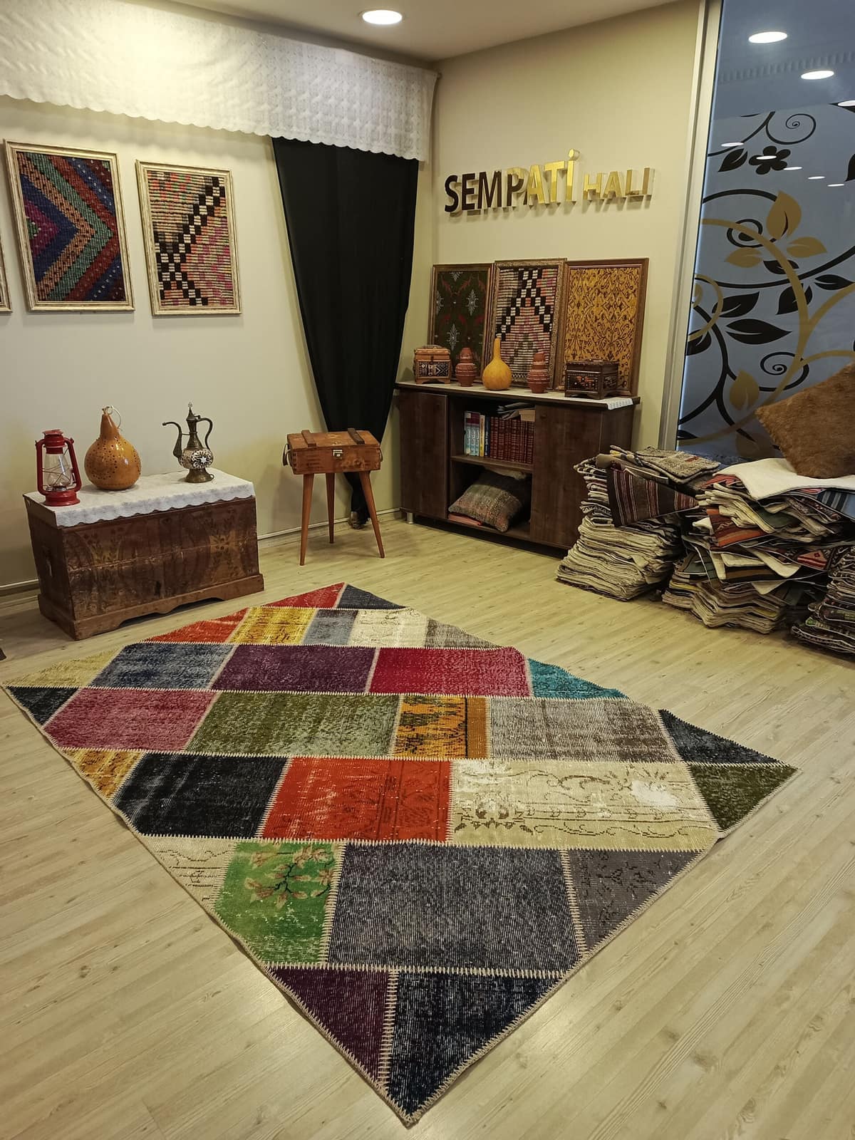 Vintage Hand-Woven Wool Patchwork Rug — detail view 2, handmade vintage rug