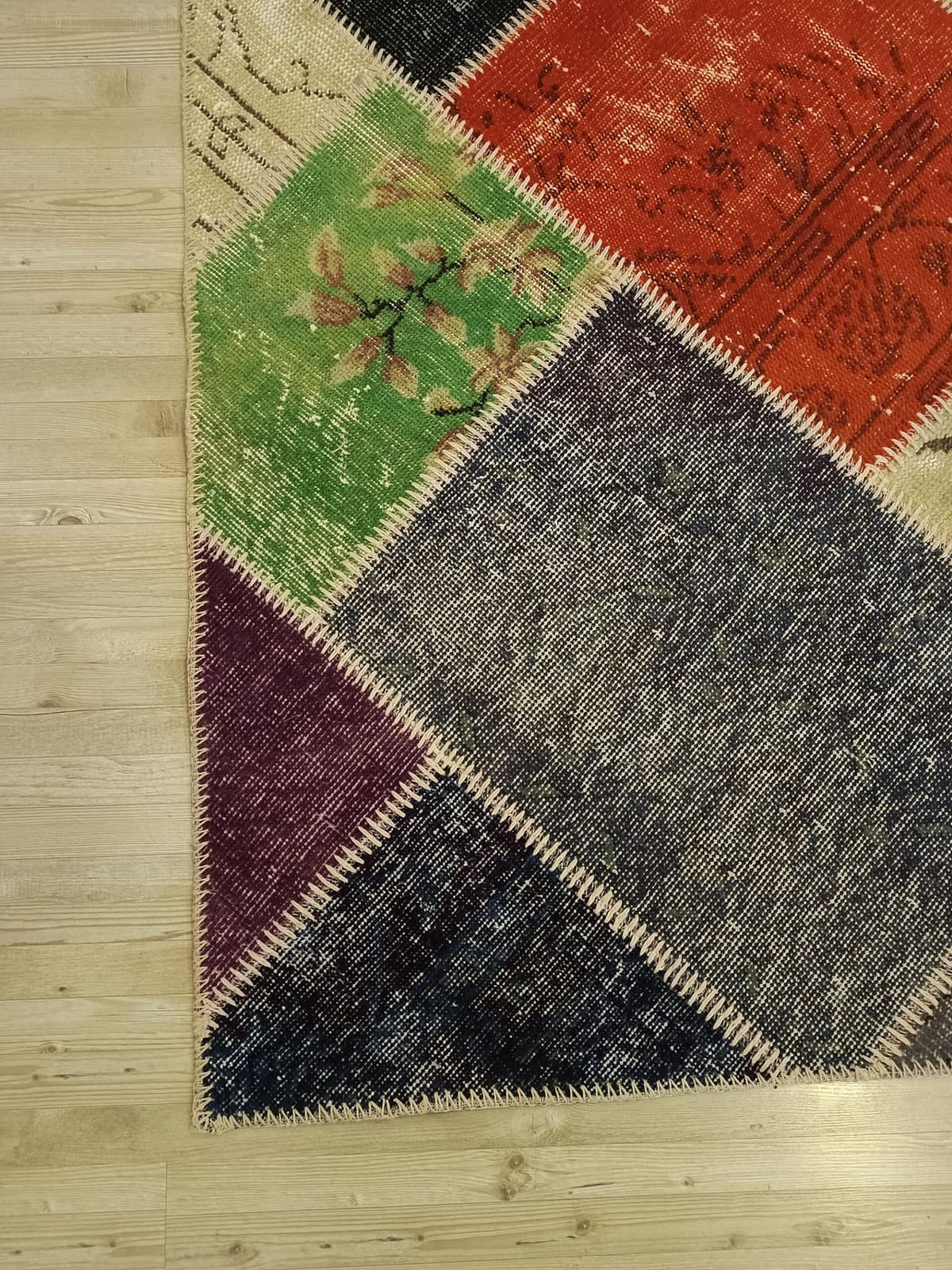 Vintage Hand-Woven Wool Patchwork Rug — detail view 5, handmade vintage rug