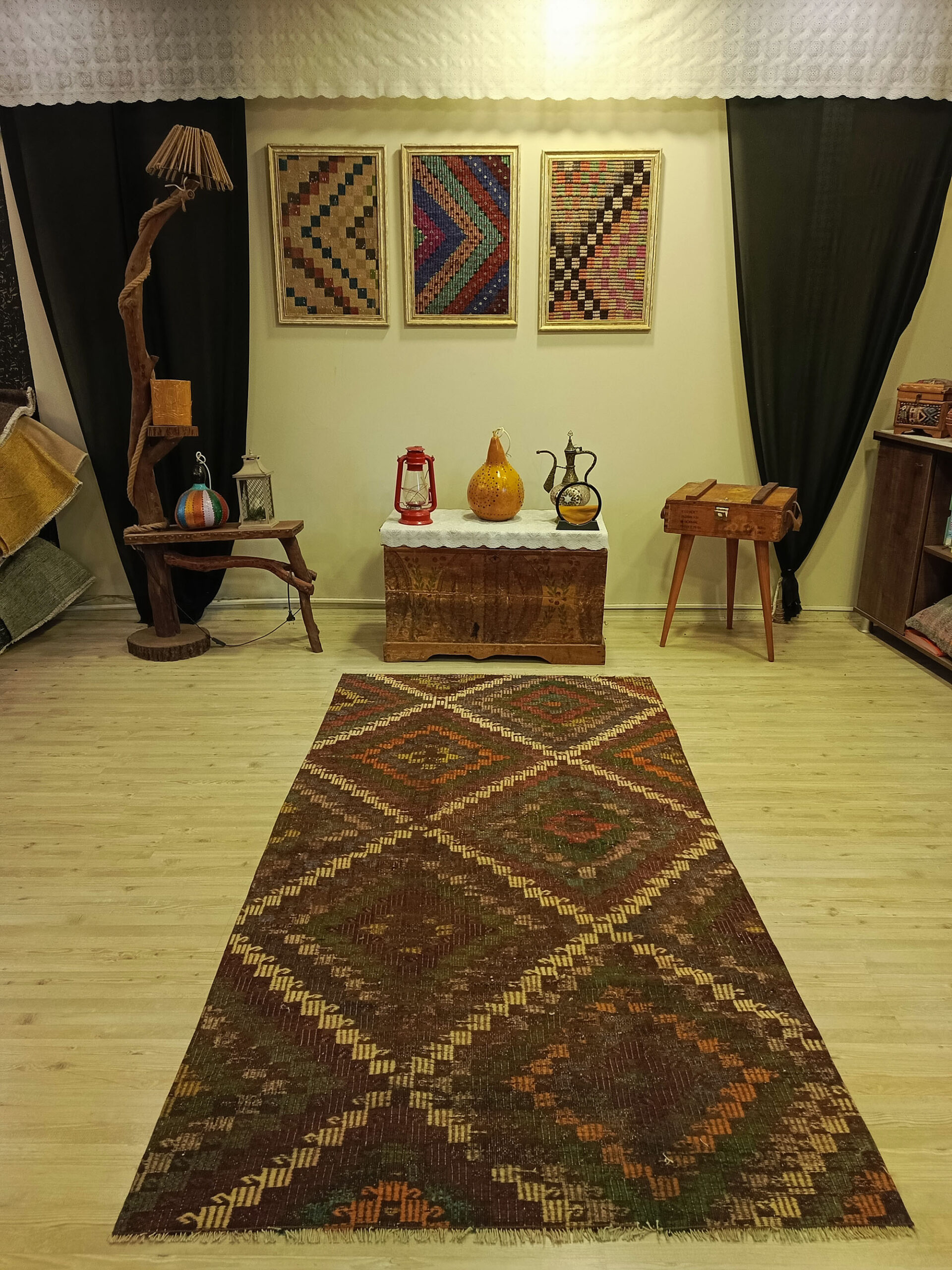 Vintage Hand-Woven Wool Patchwork Rug, vintage rug, Handmade, hand-knotted wool, size 120 × 228 cm, from Kars