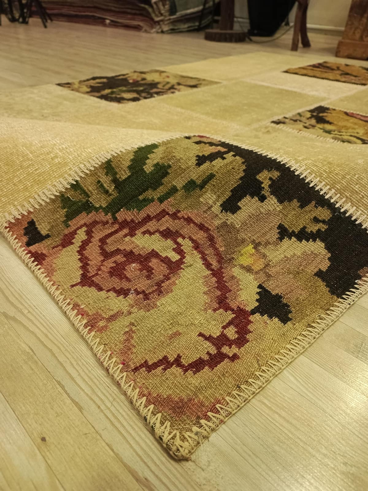 Anatolian-Patterned Distressed Patchwork Rug — detail view 3, handmade vintage rug