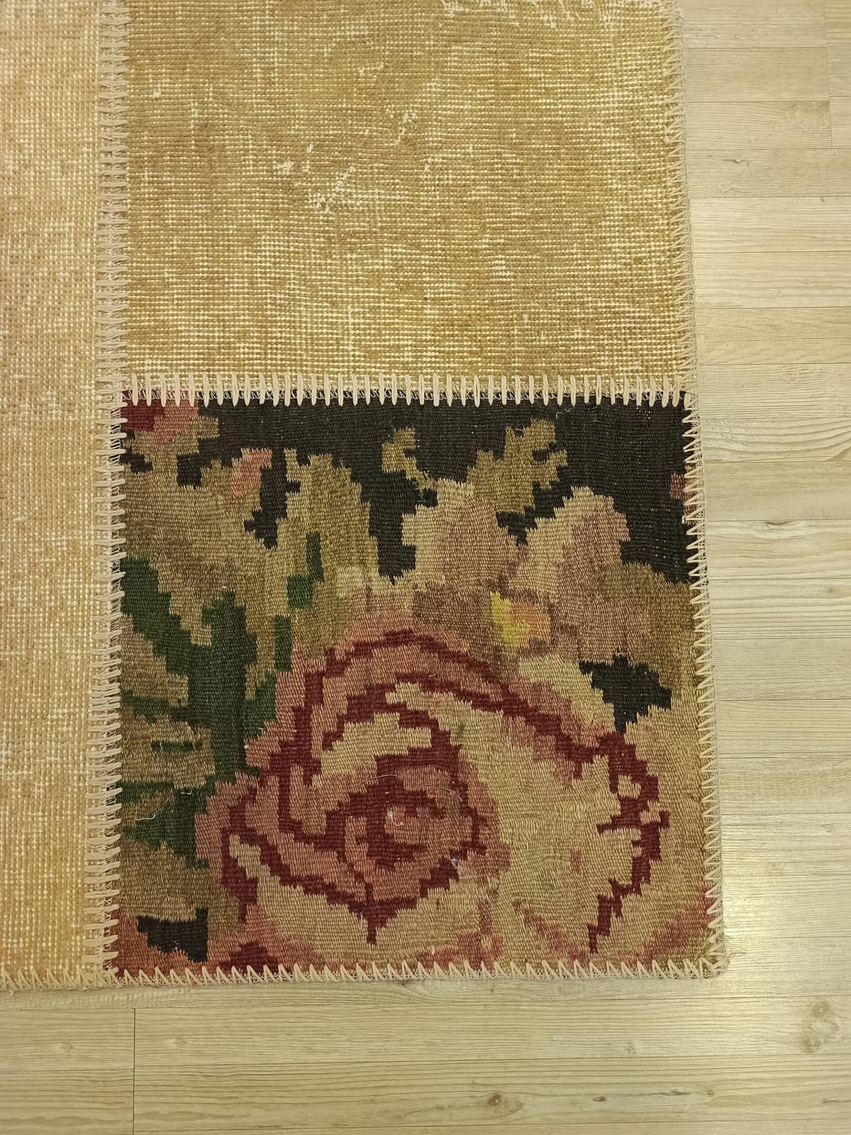 Anatolian-Patterned Distressed Patchwork Rug — detail view 4, handmade vintage rug