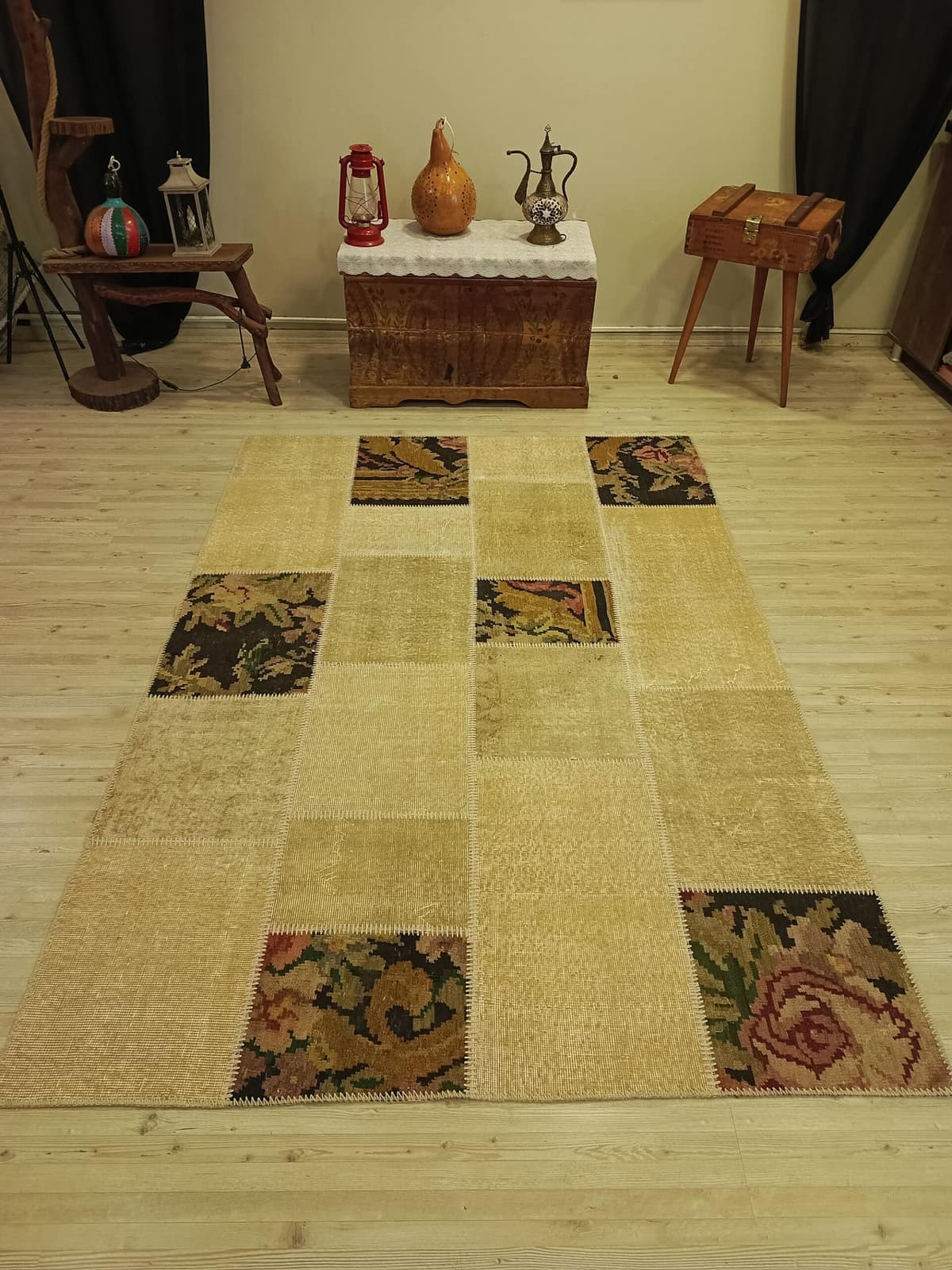 Anatolian-Patterned Distressed Patchwork Rug — detail view 5, handmade vintage rug