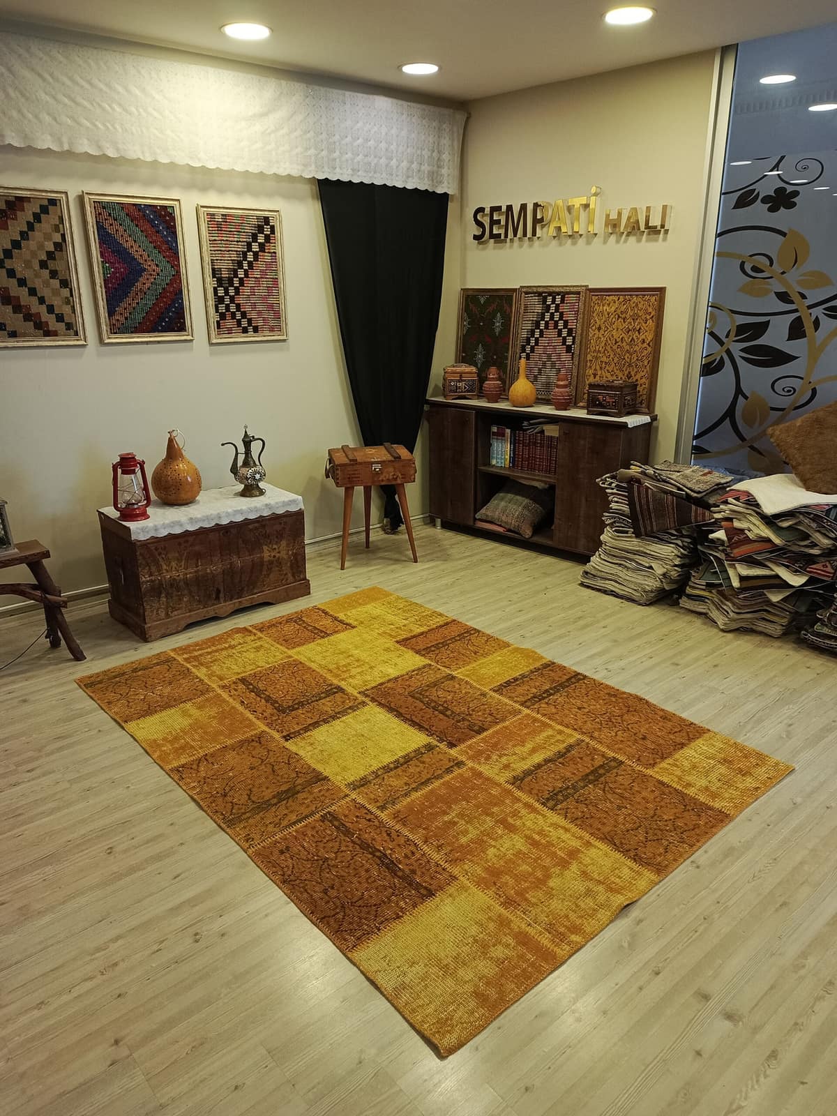 Traces of the Past Yellow Patchwork Rug — detail view 2, handmade vintage rug
