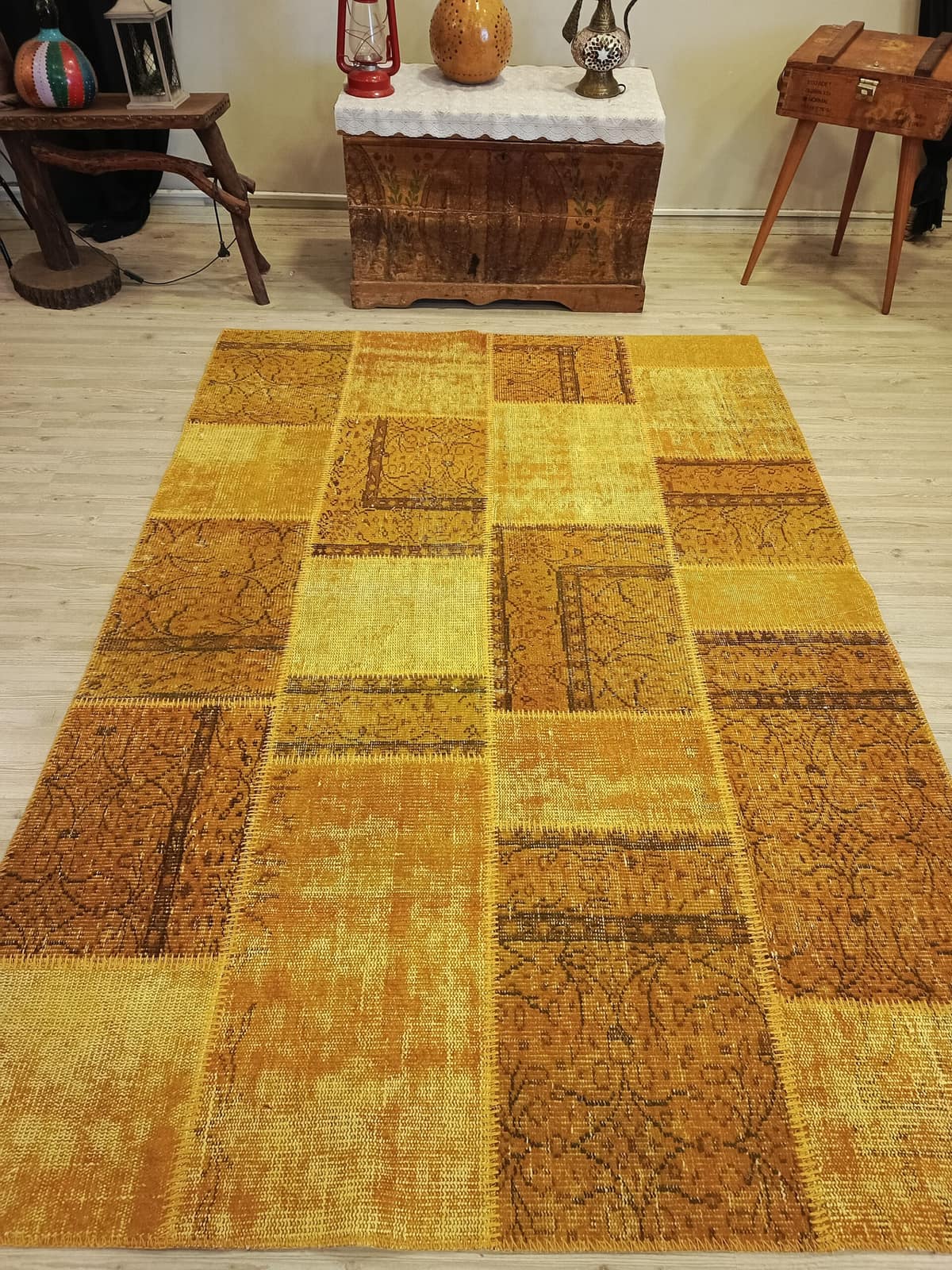 Traces of the Past Yellow Patchwork Rug, vintage rug, Handmade, hand-knotted cotton, size 160 × 230 cm, from Manisa