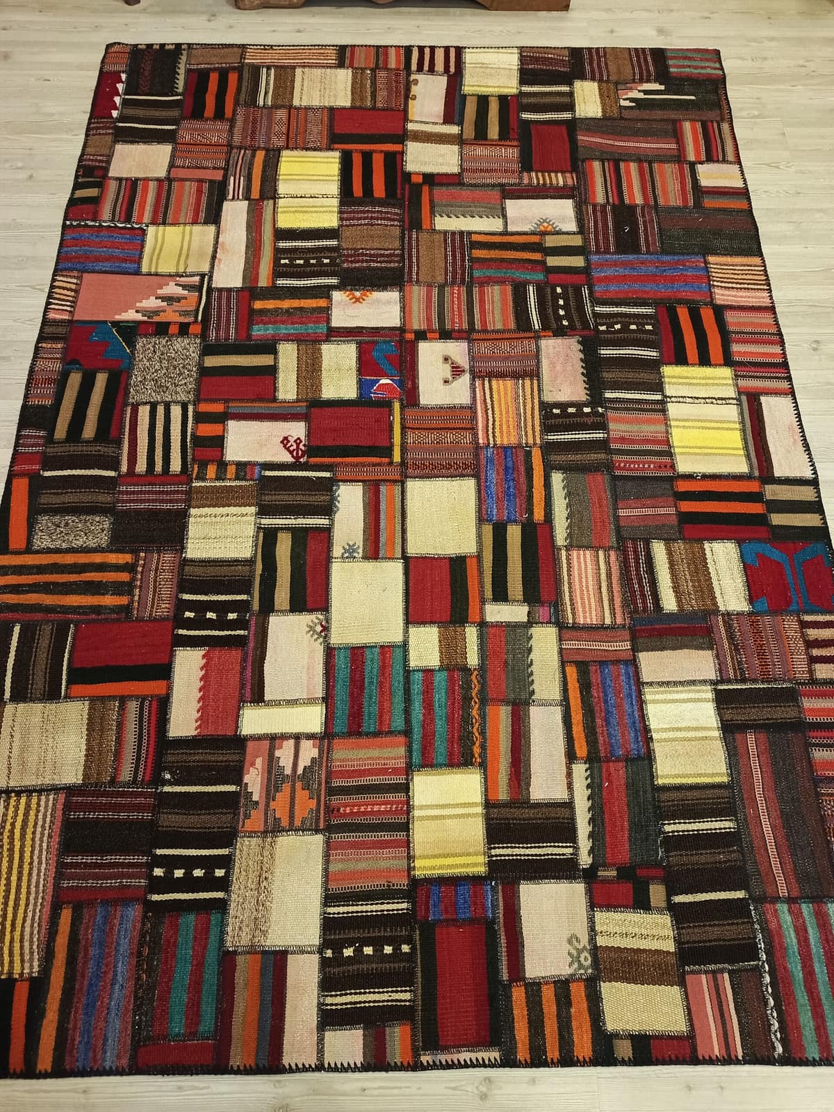 Handwoven Patchwork Rug Dye-dyed — detail view 2, handmade vintage rug