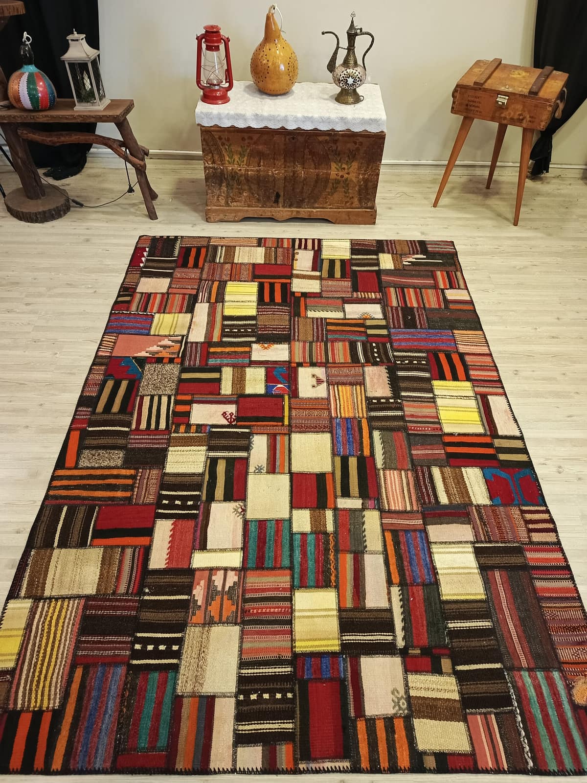 Handwoven Patchwork Rug Dye-dyed, vintage rug, Handmade, hand-knotted wool & silk, size 160 × 230 cm, from Oushak