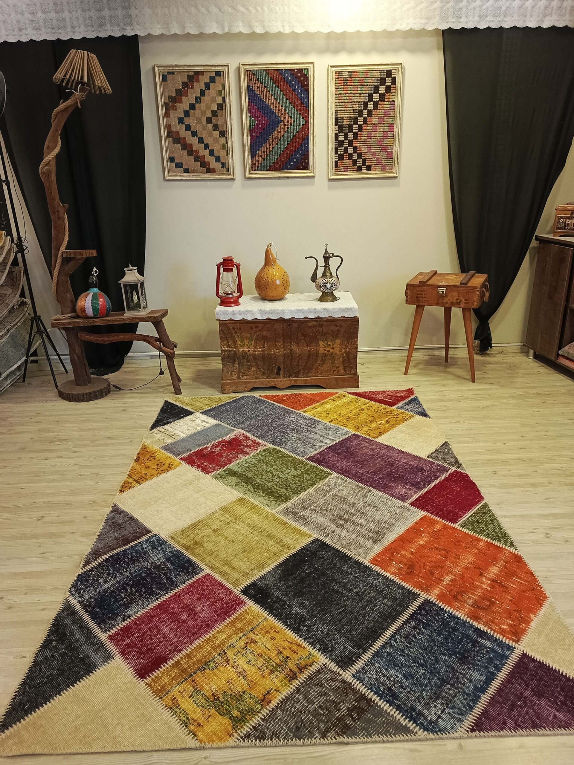 Handwoven Patchwork Rug — detail view 2, handmade vintage rug
