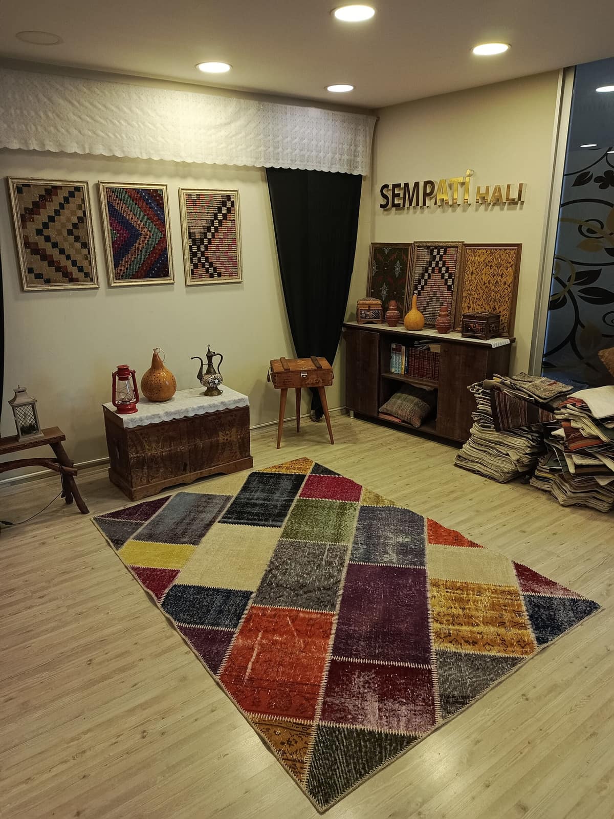 Anatolian-Patterned Distressed Patchwork Rug — detail view 2, handmade vintage rug