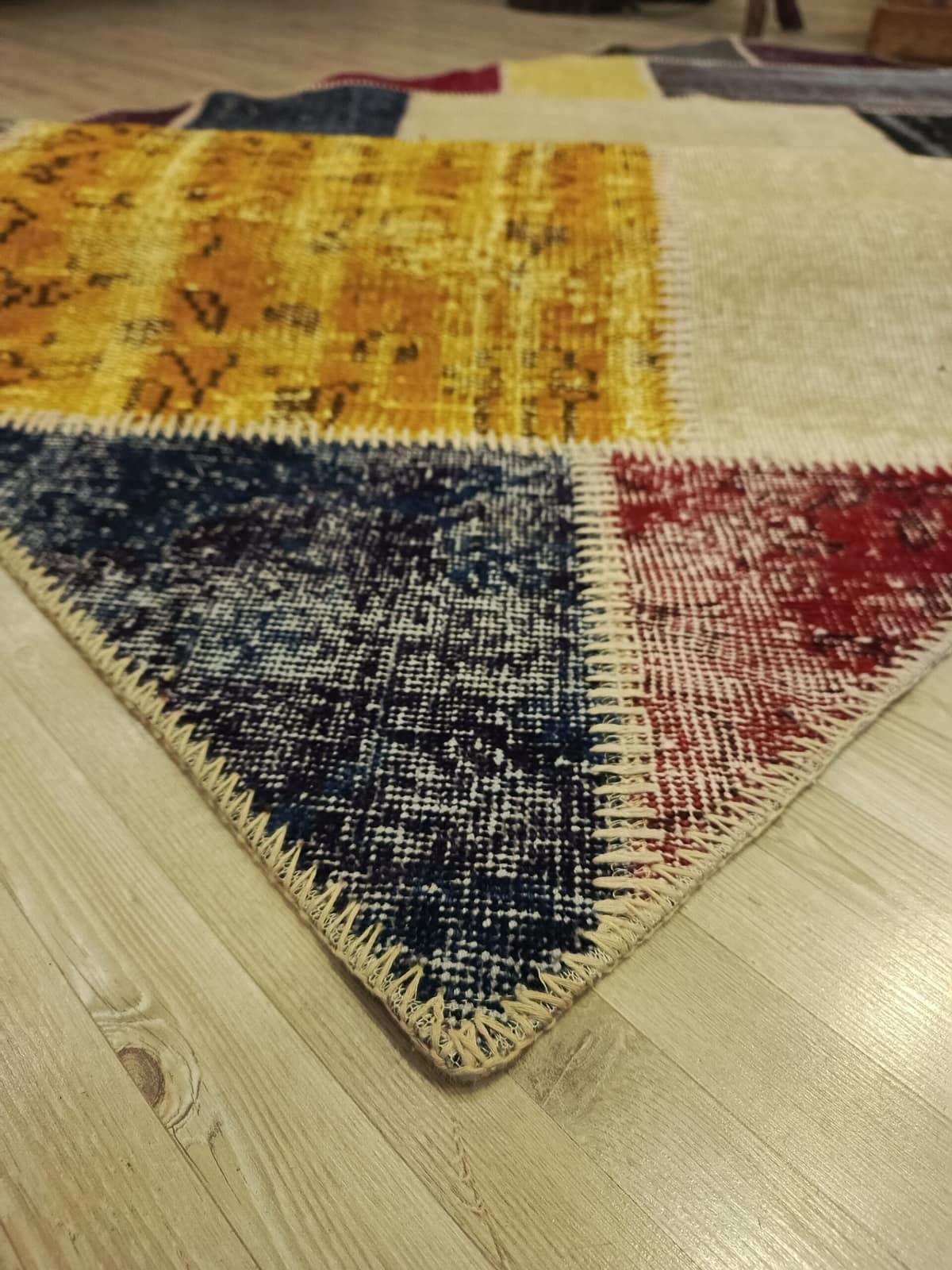 Anatolian-Patterned Distressed Patchwork Rug — detail view 4, handmade vintage rug