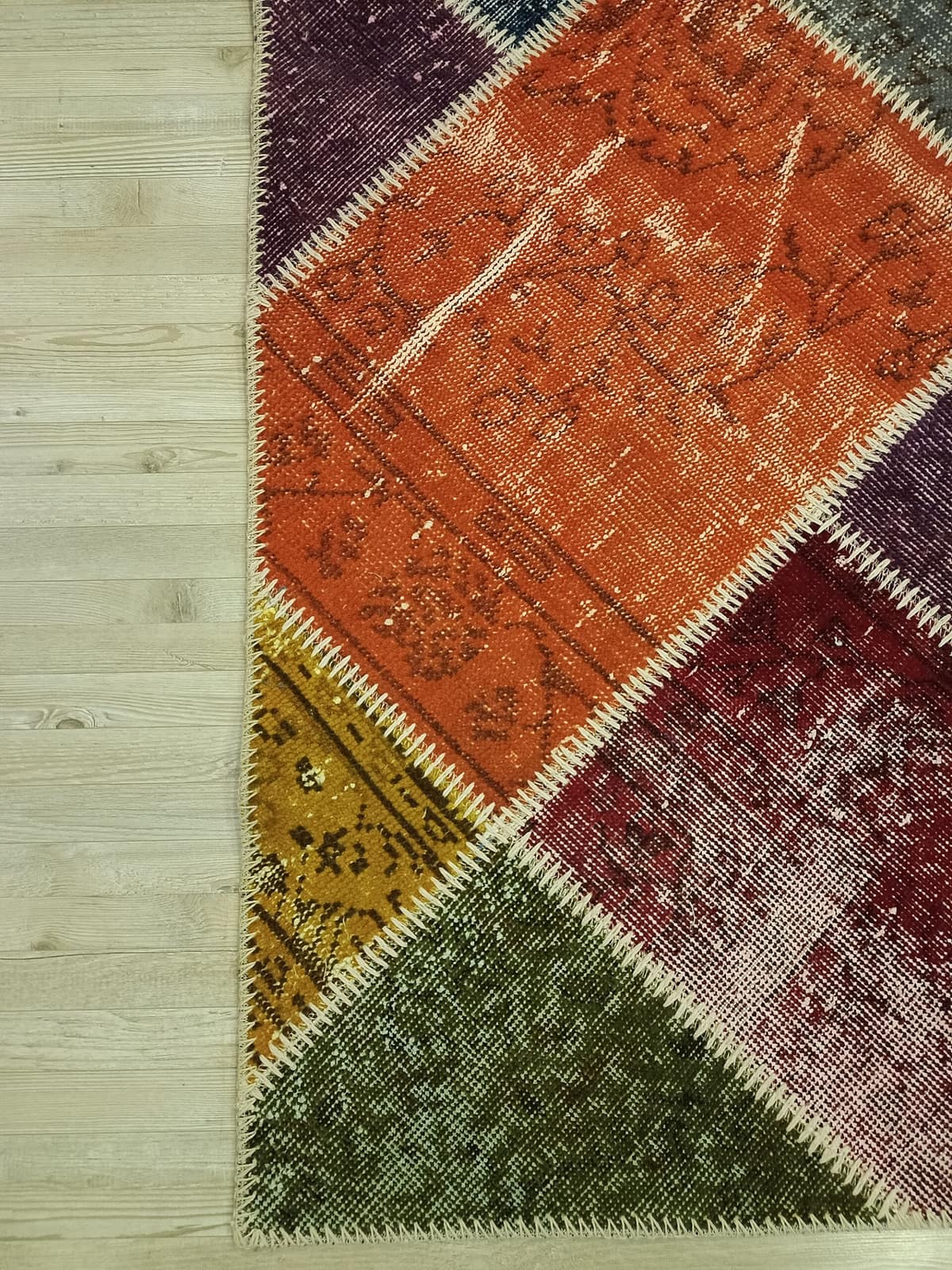 Anatolian-Patterned Distressed Patchwork Rug — detail view 5, handmade vintage rug