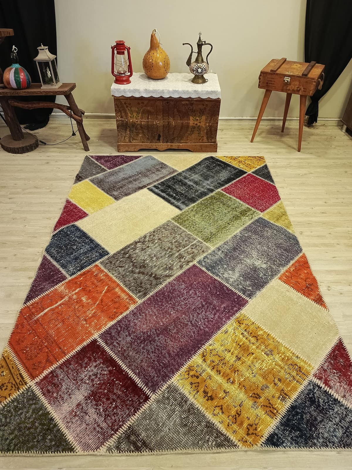 Anatolian-Patterned Distressed Patchwork Rug, vintage rug, Handmade, hand-knotted cotton, size 160 × 230 cm, from Kars