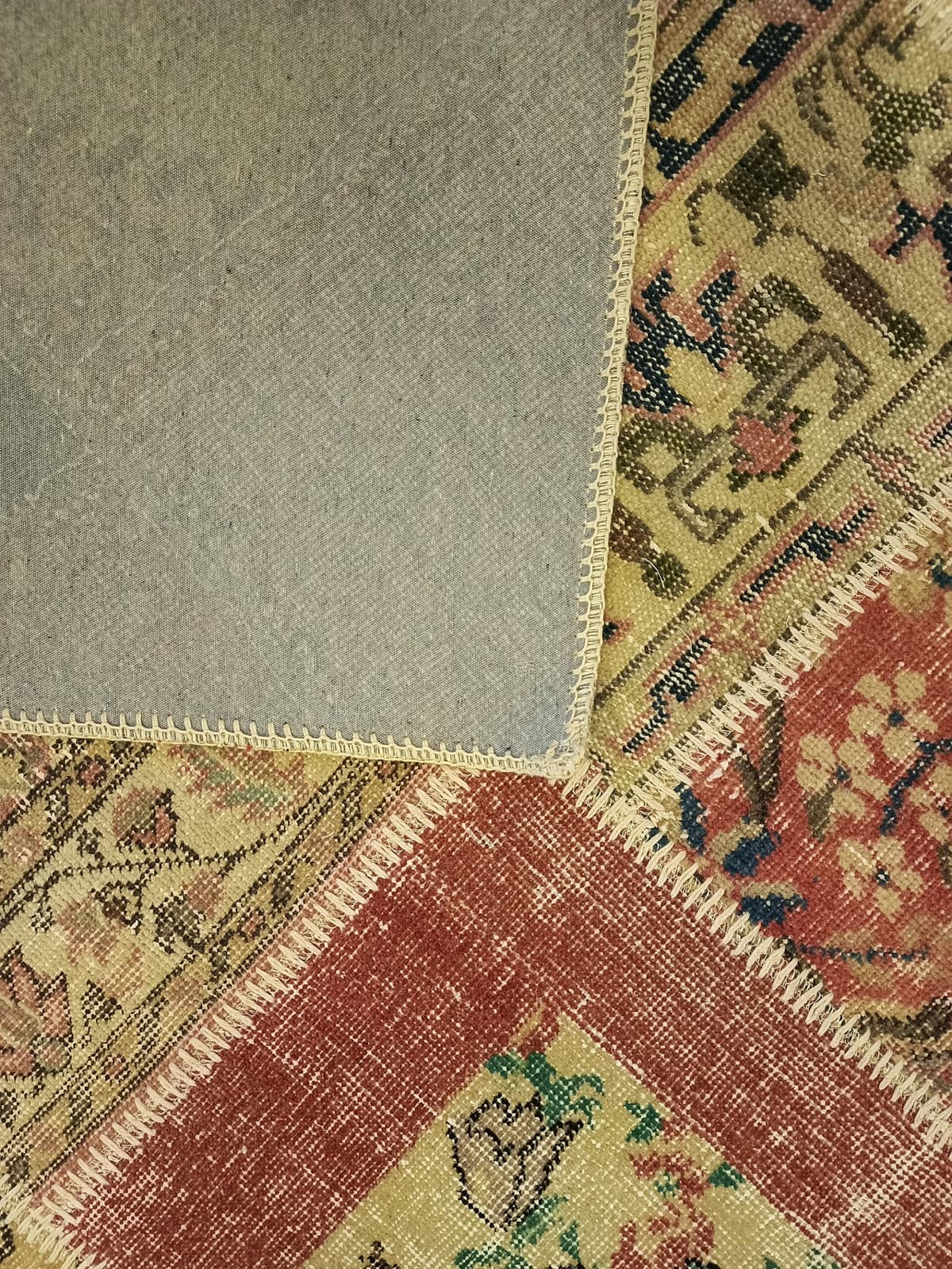 Handcrafted Distressed Patchwork Rug — detail view 2, handmade vintage rug