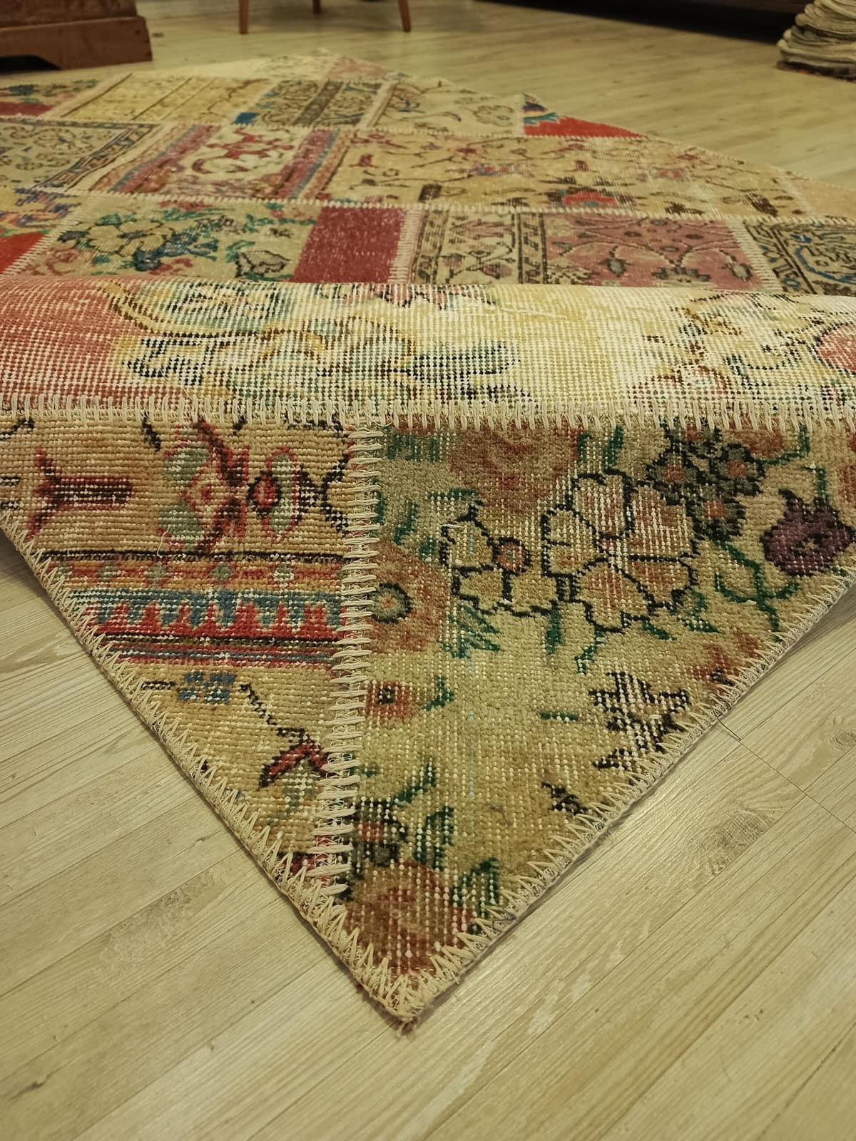 Handcrafted Distressed Patchwork Rug — detail view 3, handmade vintage rug