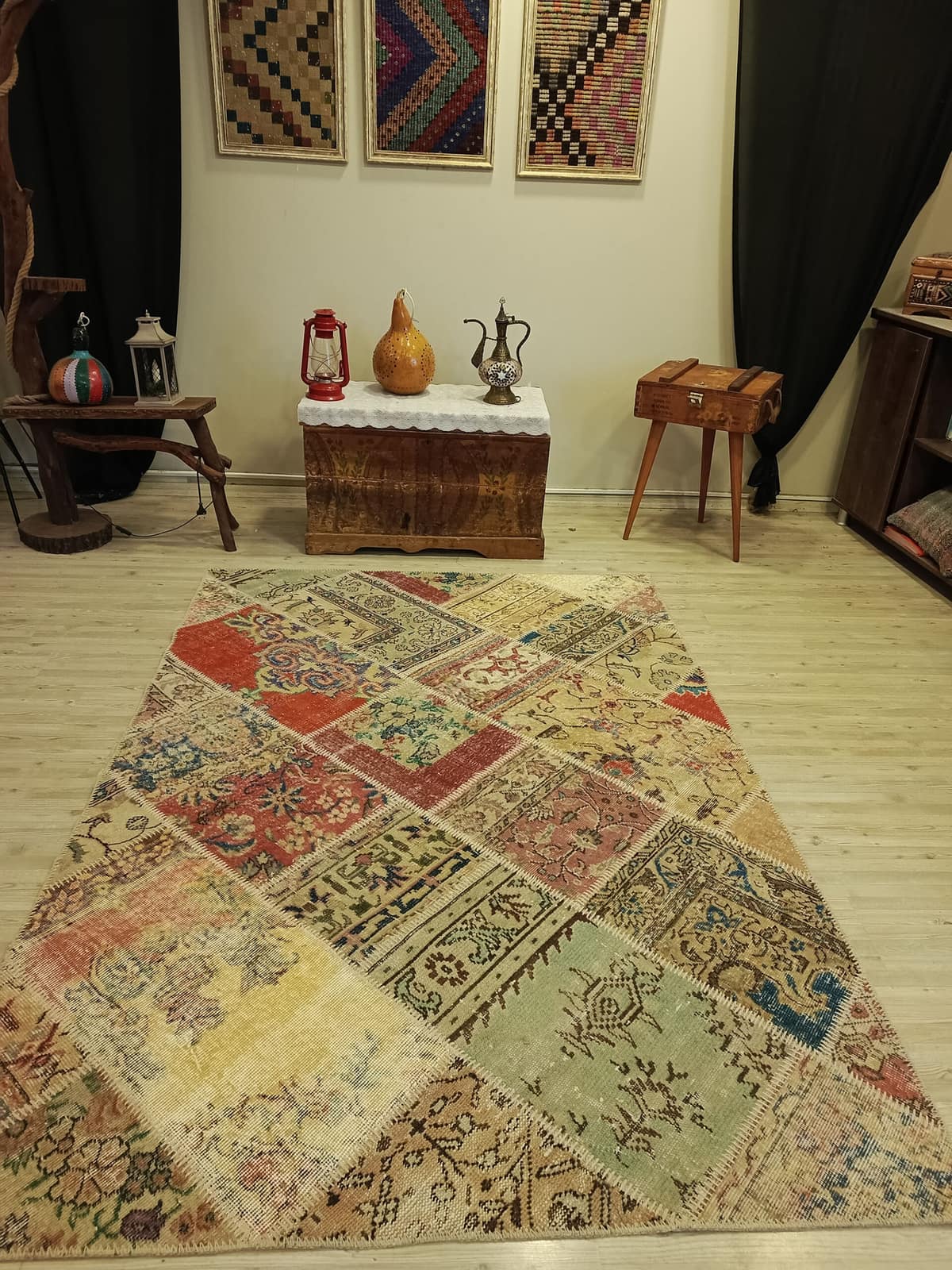 Handcrafted Distressed Patchwork Rug — detail view 4, handmade vintage rug