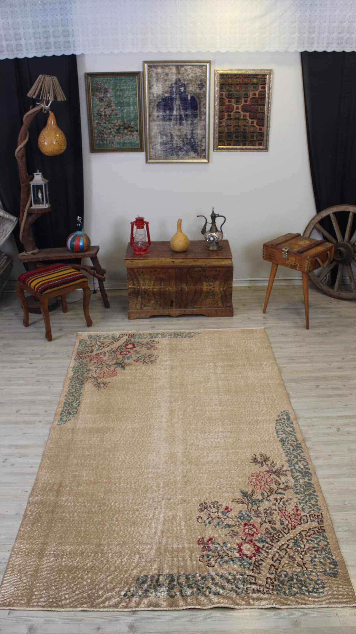 Distressed Hand-Woven Wool Rug, Vintage — detail view 2, handmade vintage rug