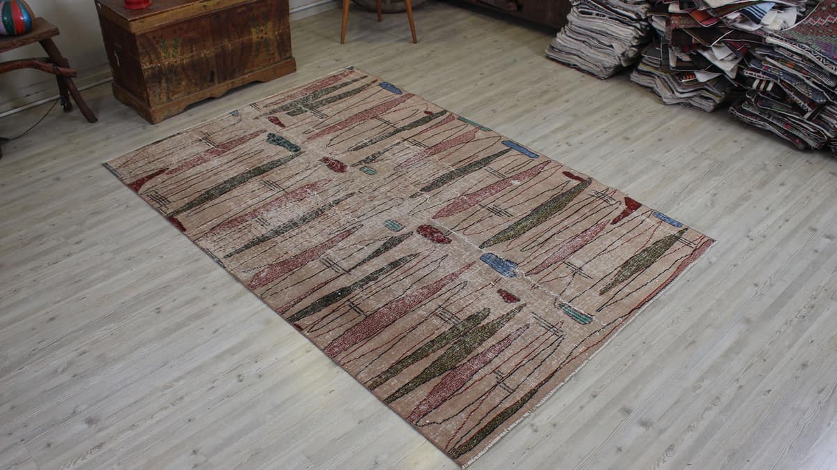 Vintage Handwoven Rug, Distressed, vintage rug, Handmade, hand-knotted wool, cotton & silk, size 152 × 229 cm, from Bursa