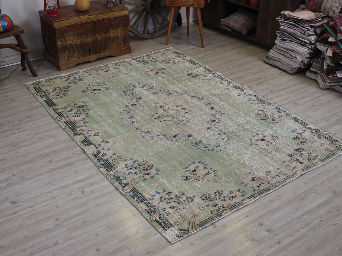 Distressed Vintage Hand-Knotted Rug, vintage rug, Handmade, hand-knotted wool, cotton & silk, size 183 × 255 cm, from Isparta