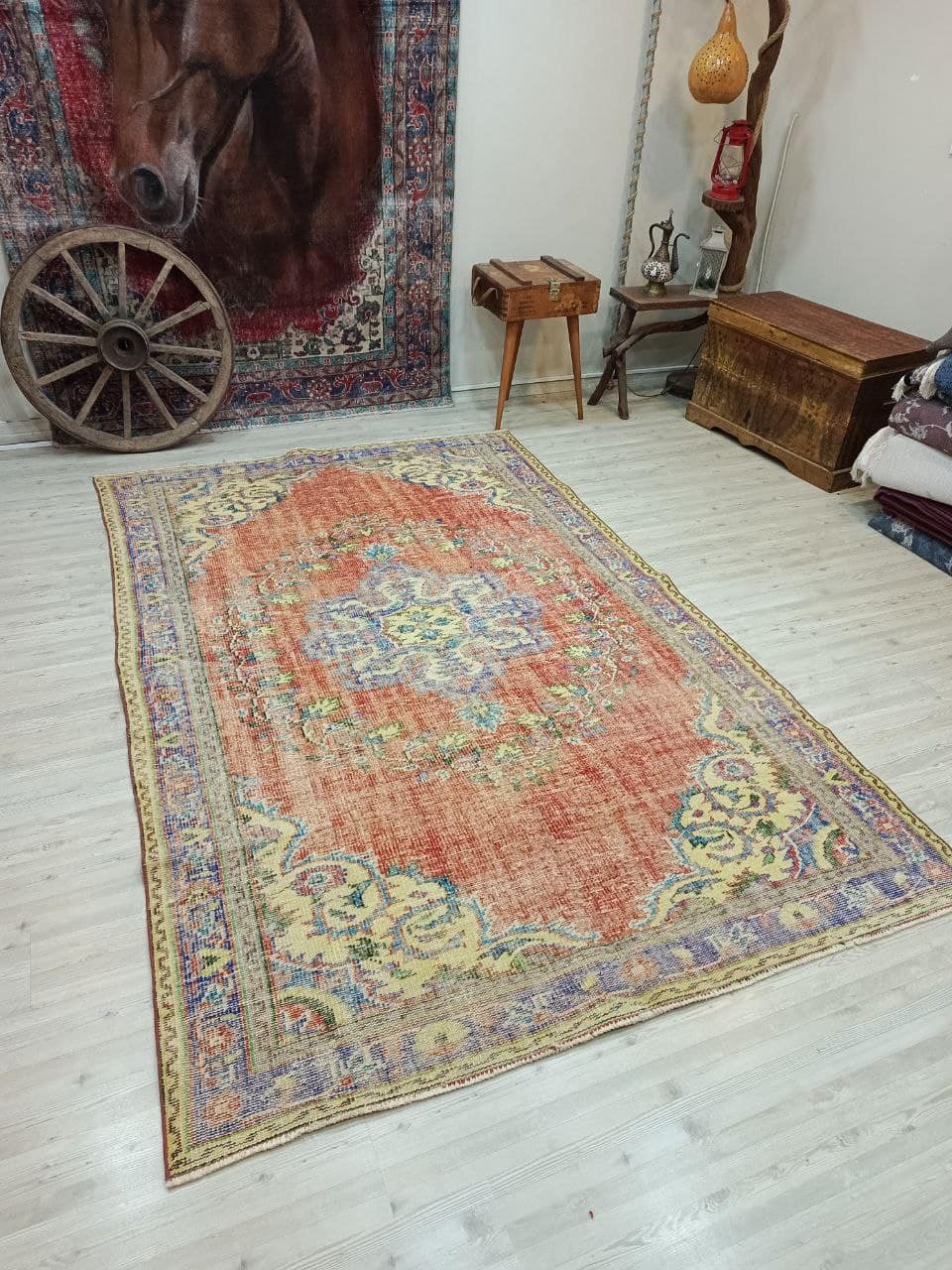 Natural Wool Hand-Woven Distressed Rug, vintage rug, Handmade, hand-knotted wool, cotton & silk, size 176 × 280 cm, from Hereke