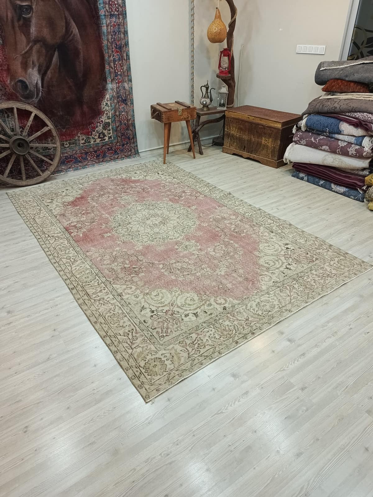 Natural Wool Distressed Rug, vintage rug, Handmade, hand-knotted cotton, size 190 × 302 cm, from Milas